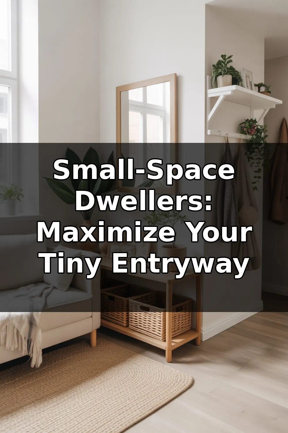 Minimalist entryway in a small apartment with a narrow console table, wall-mounted hooks, and a small mirror above, showing efficient organization solutions for tight spaces.