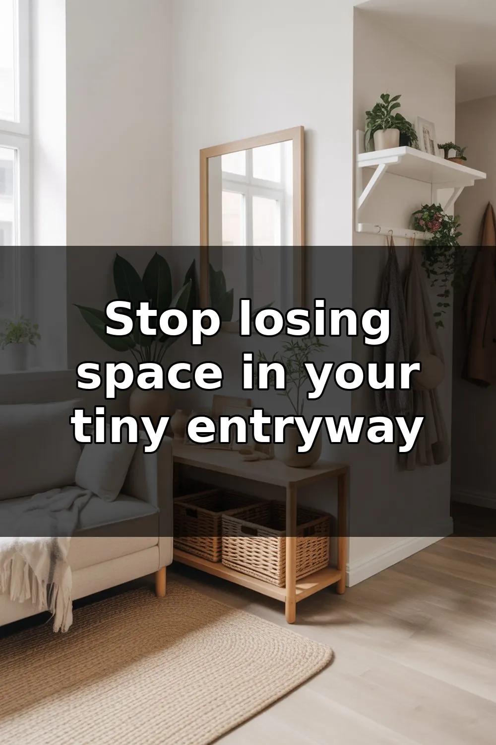 A minimalist small apartment entryway with wall-mounted shelves, a narrow console table, and organized storage baskets against white walls.