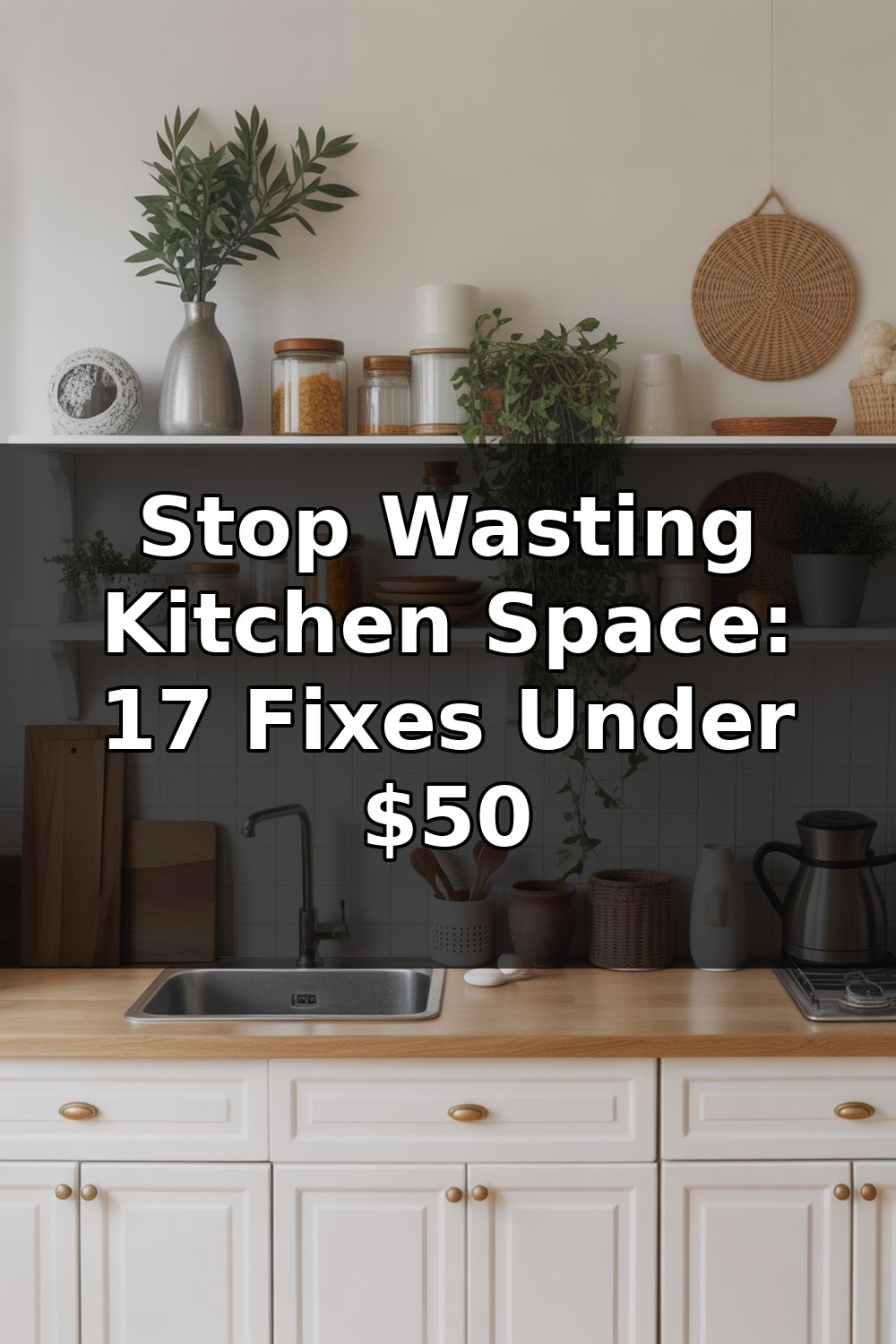 A compact apartment kitchen with open shelving, hanging organizers, and labeled containers demonstrating small apartment kitchen organization on a budget.