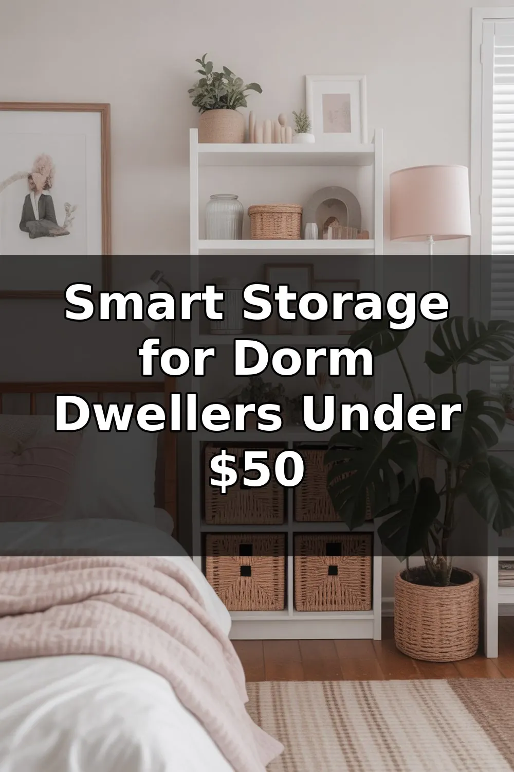 A compact dorm room with white shelving units, under-bed storage containers, and wall-mounted organizers displaying affordable storage solutions.