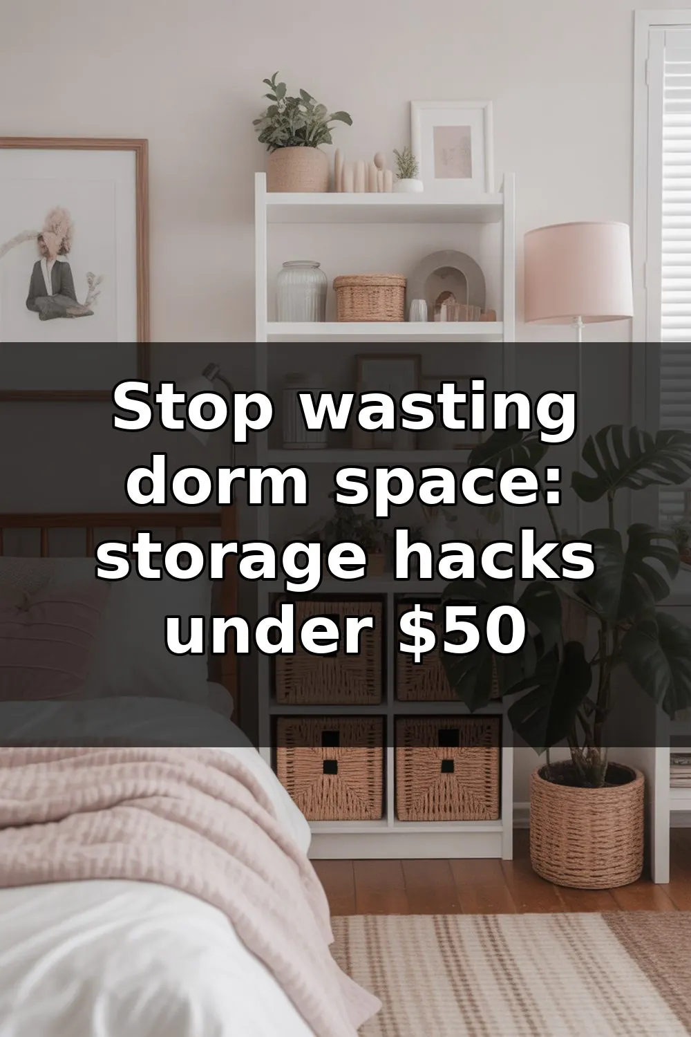 Compact dorm room with bed, desk, and wall-mounted shelving units containing organized bins, baskets, and storage containers in a small college living space.