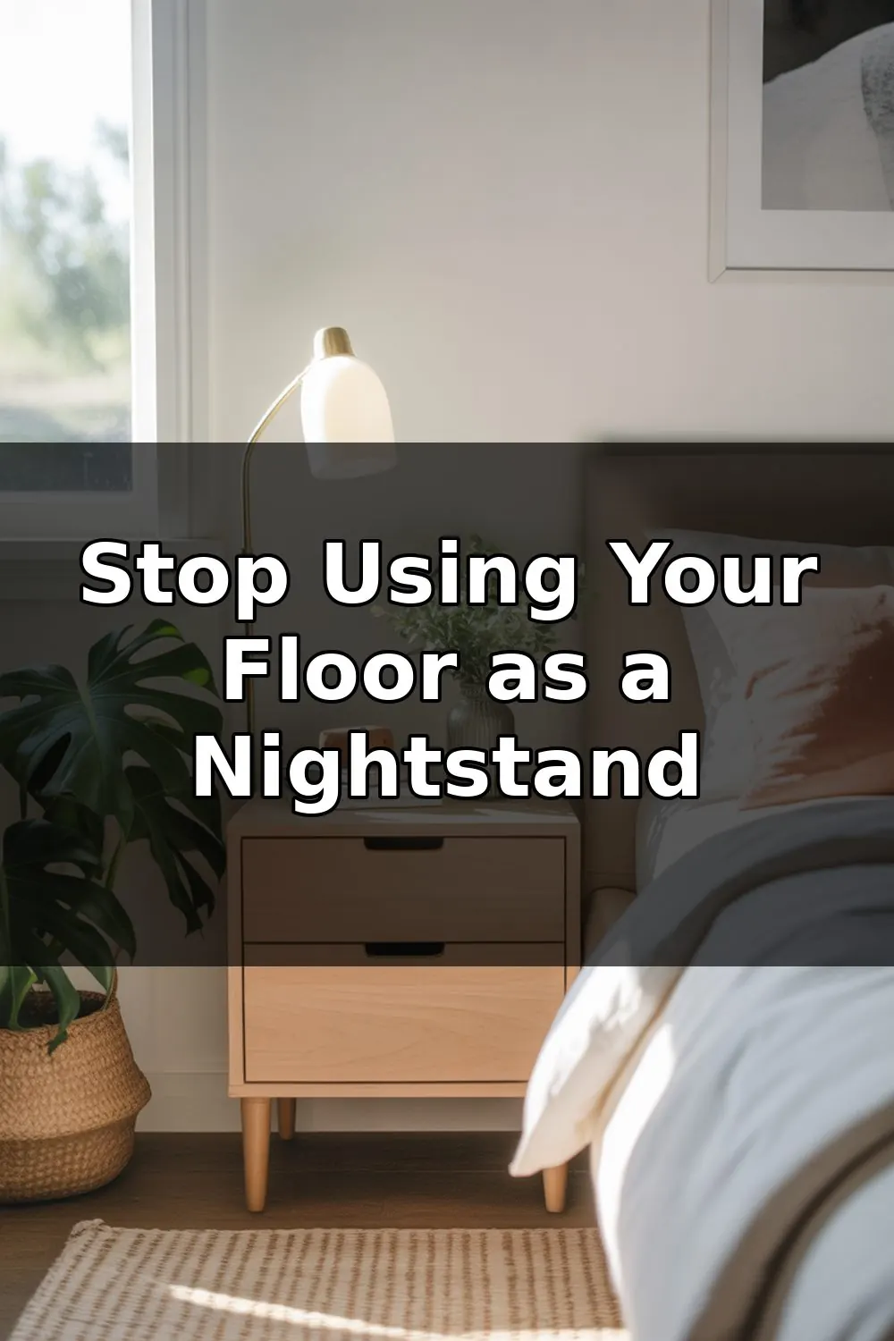 A small bedroom with minimal furniture showing a compact floating shelf above the bed as a nightstand alternative instead of a traditional nightstand.