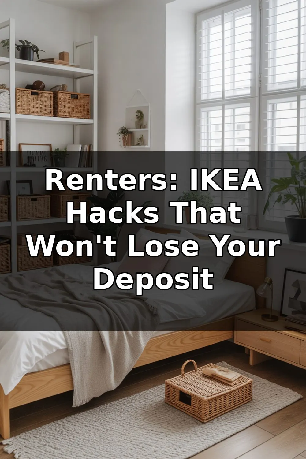 A compact bedroom featuring IKEA furniture and smart storage solutions, including shelving units and under-bed organization in a minimalist small-space layout.