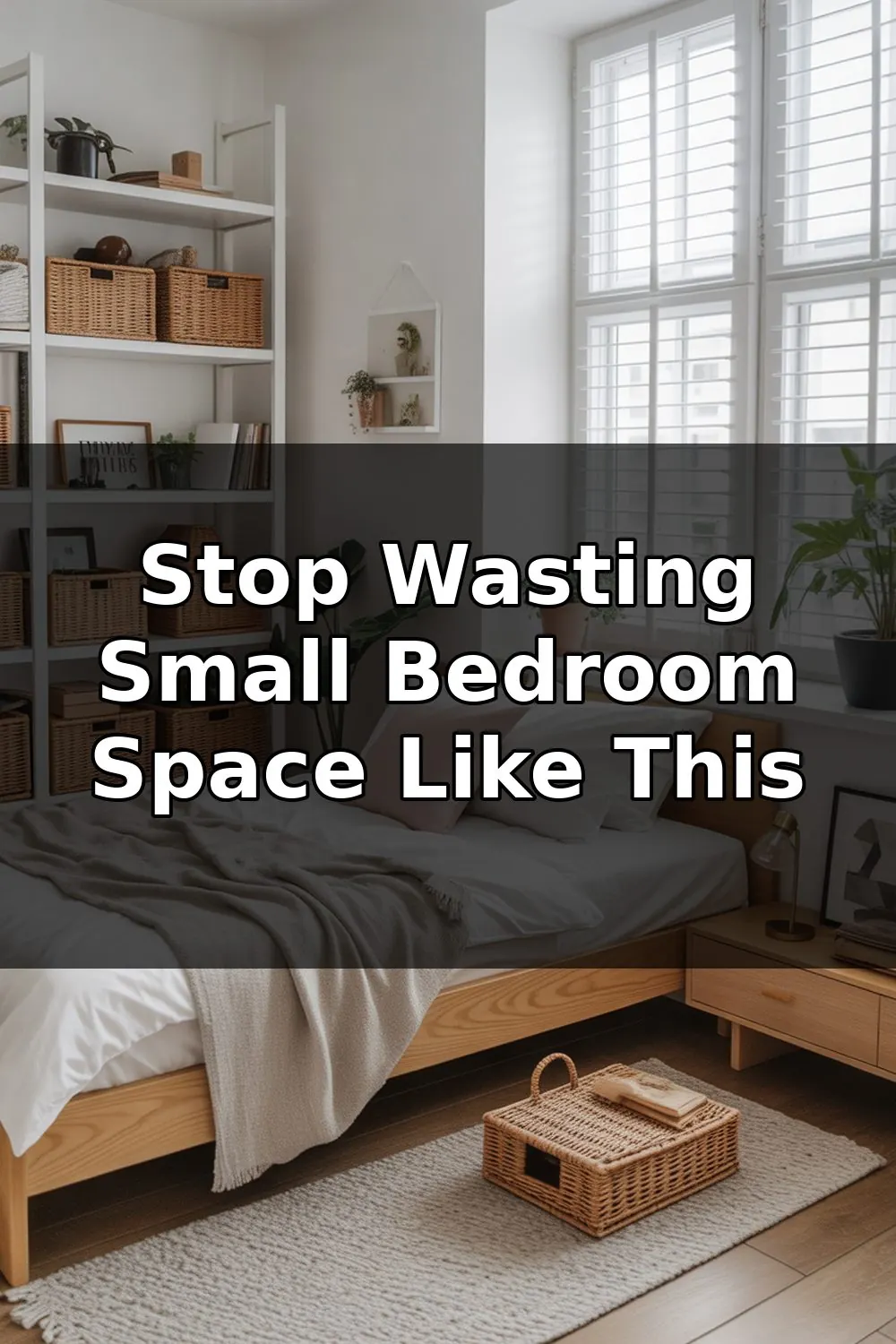 A small bedroom with IKEA storage solutions including wall-mounted shelves, under-bed organizers, and compact furniture arrangements on white walls and light wood flooring.