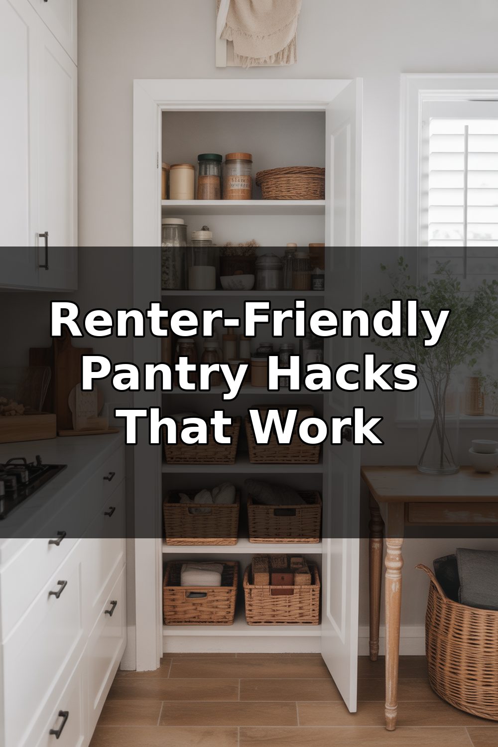 A compact kitchen pantry with labeled containers, slim shelving, and organized dry goods in a small apartment kitchen space.