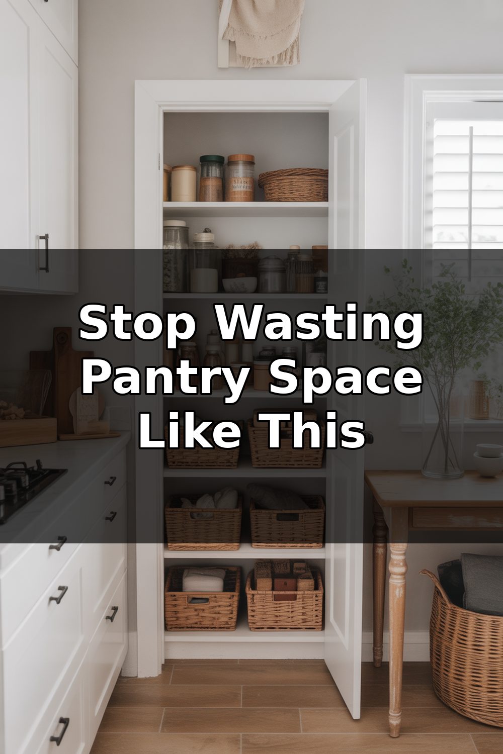 A cluttered small pantry with disorganized shelves, scattered containers, and hard-to-see items crammed together in a cramped kitchen space.