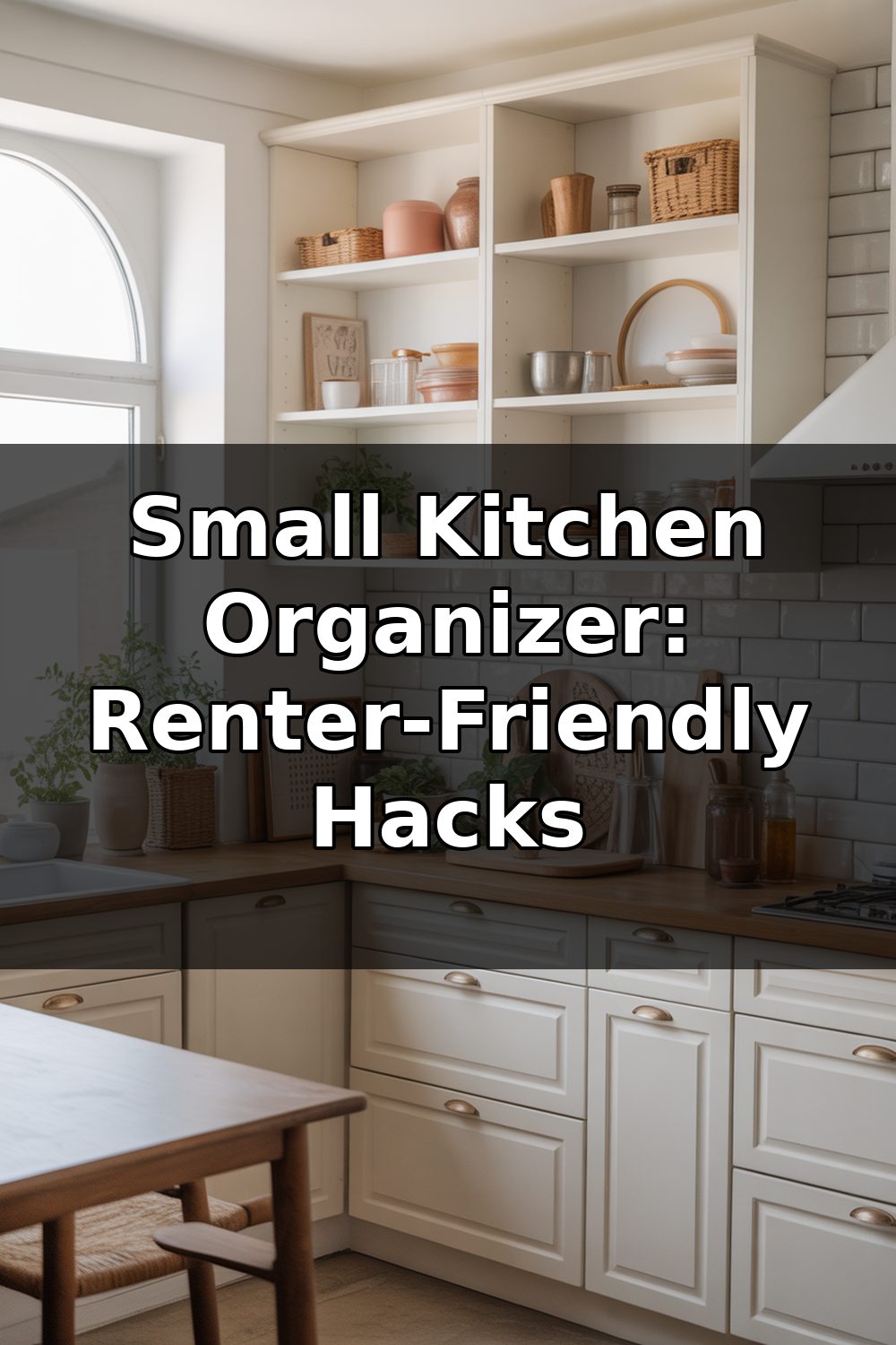 Organized kitchen cabinets in a small apartment kitchen with neatly stacked containers, labeled shelves, and efficient vertical storage solutions.