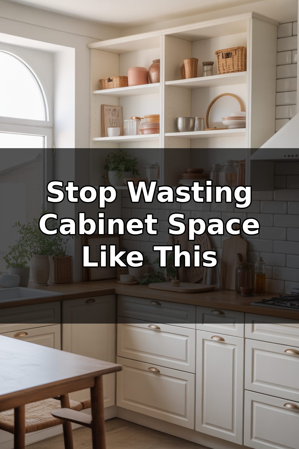 Interior view of open kitchen cabinet shelves with neatly organized dishes, containers, and kitchen items arranged for maximum small-space storage efficiency.