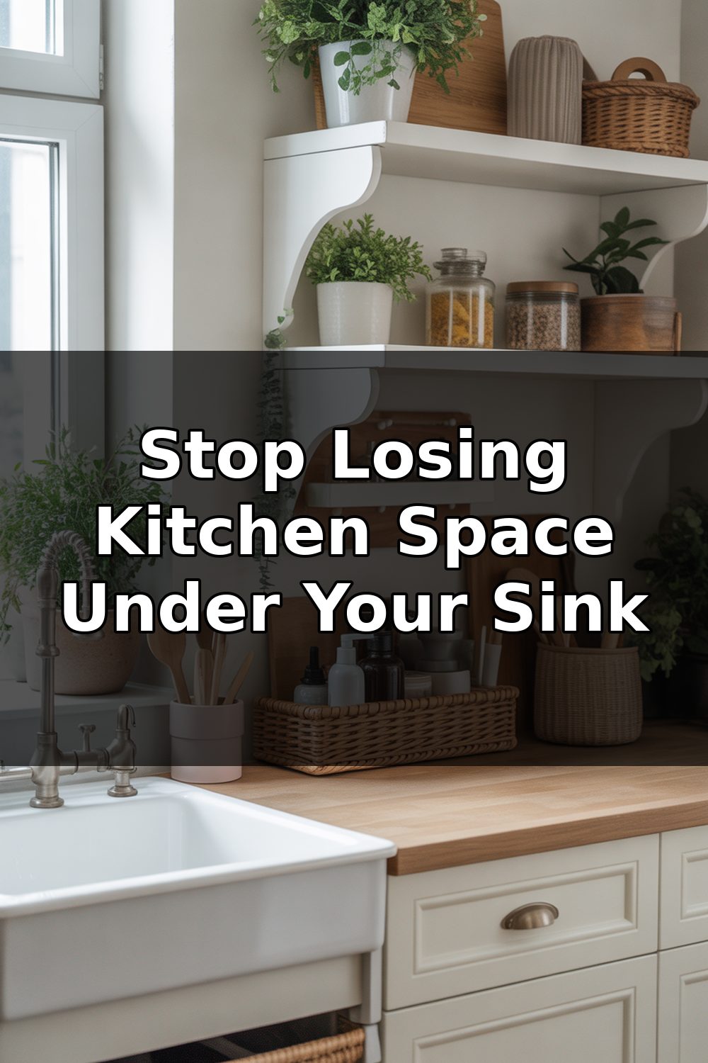 Organized under-sink cabinet with labeled containers, cleaning supplies neatly arranged on shelves, and pull-out drawers maximizing small kitchen storage space.