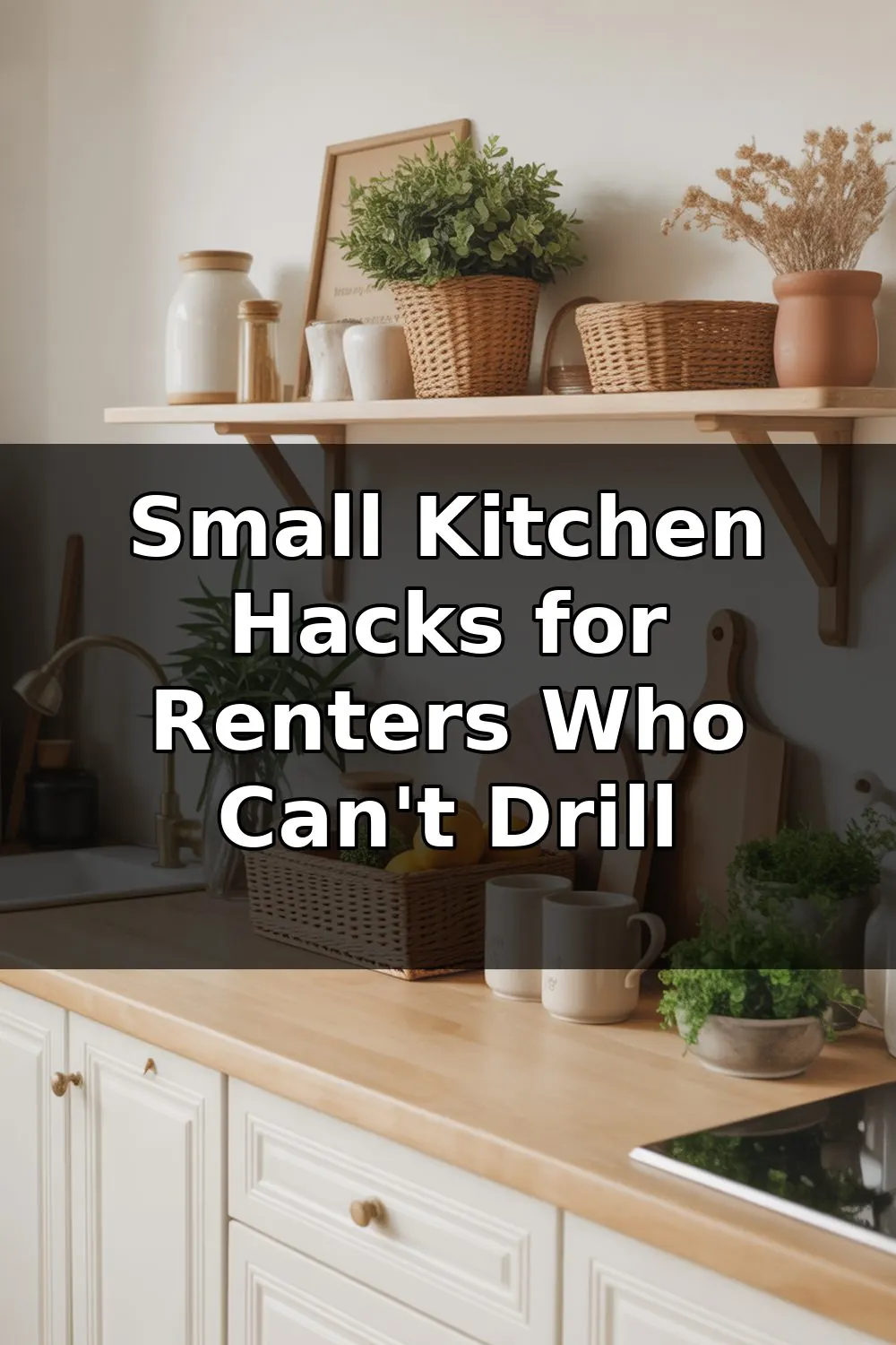 A compact kitchen counter with organized storage containers, a vertical shelf organizer, and minimalist decor in a small apartment kitchen space.