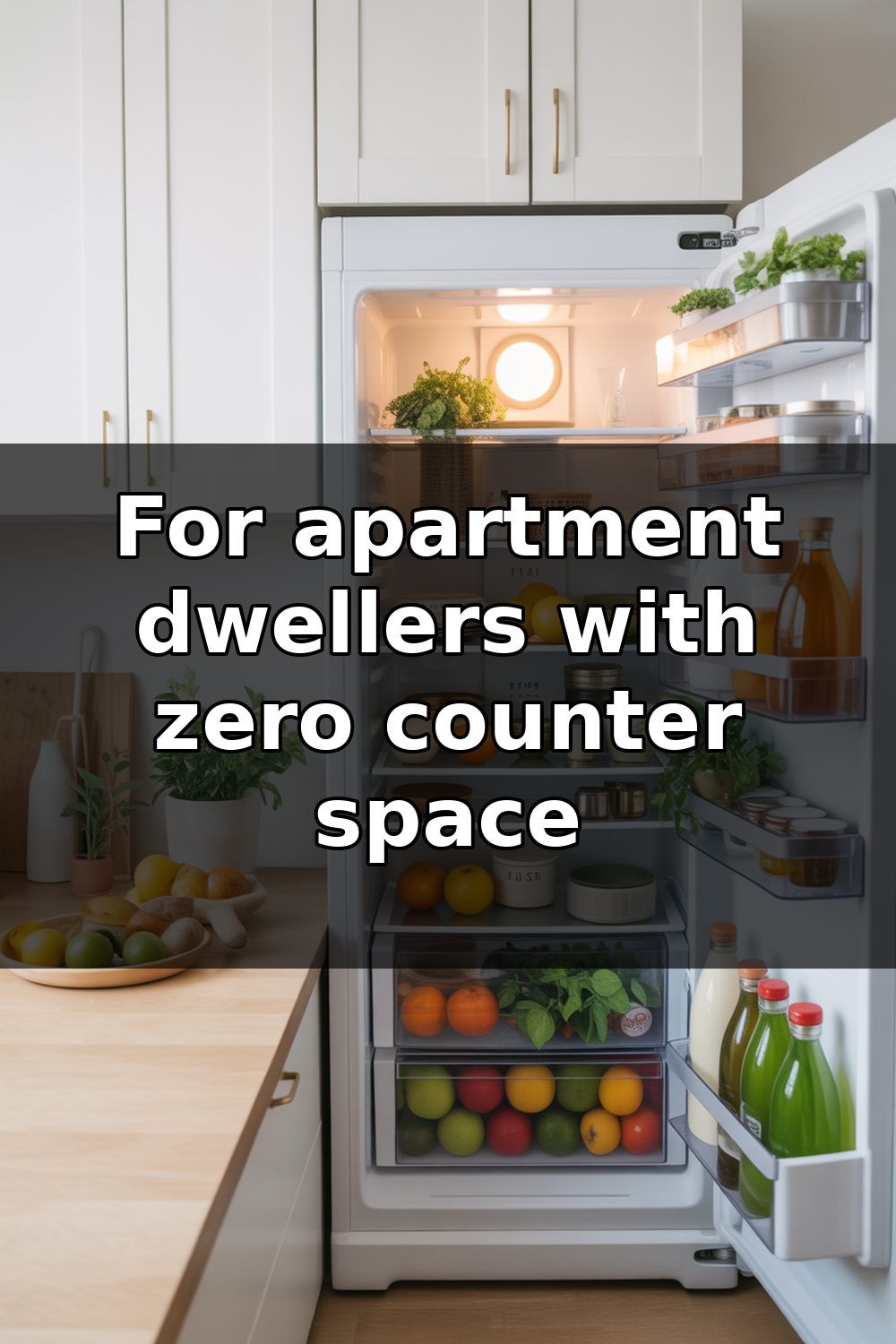 A neatly organized small refrigerator interior with labeled containers, fresh vegetables, and beverages arranged on compact shelves in a tight apartment kitchen.