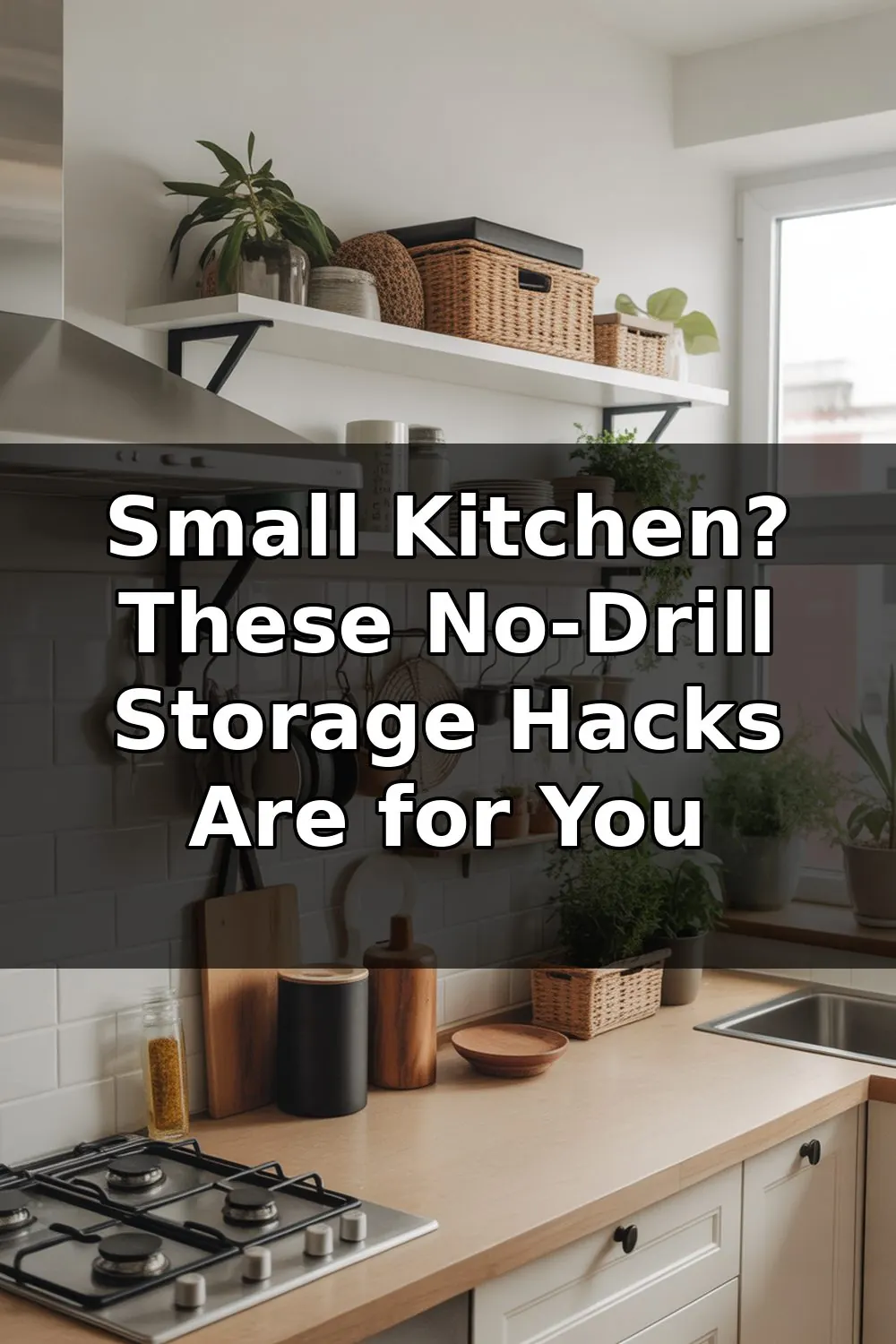 Compact apartment kitchen with white cabinets, open shelving displaying organized dishes and jars, hanging storage above the sink, and labeled drawer organizers.