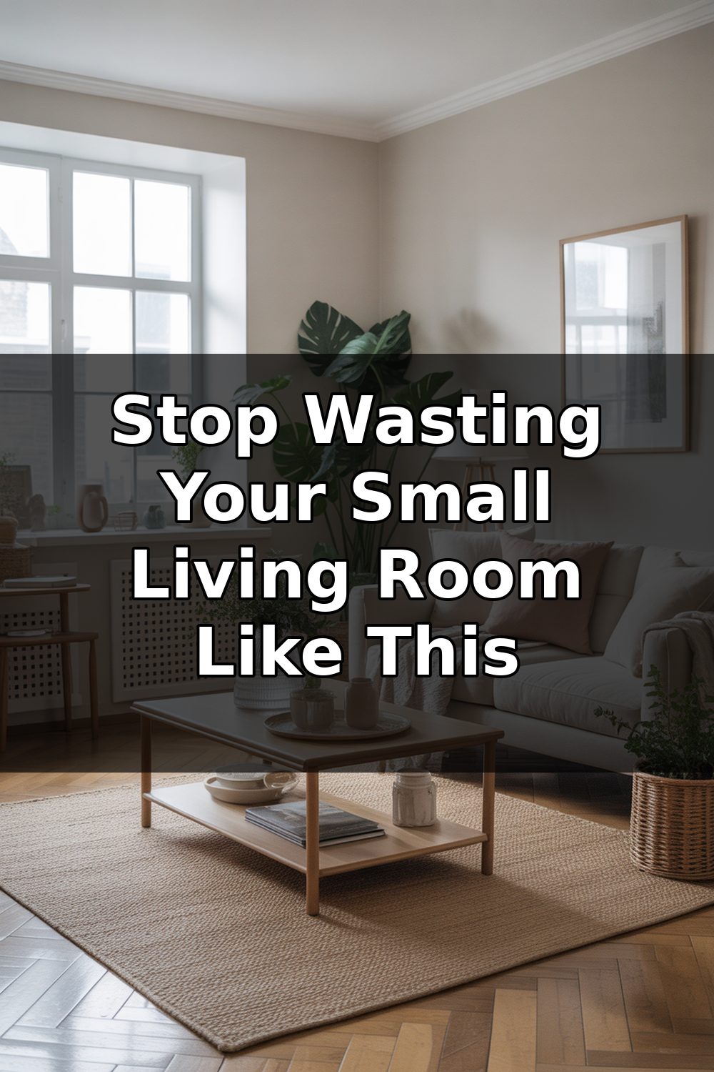 A compact living room with minimal furniture arrangement, small sofa, and limited storage, showing common space-wasting layout problems in a small apartment.