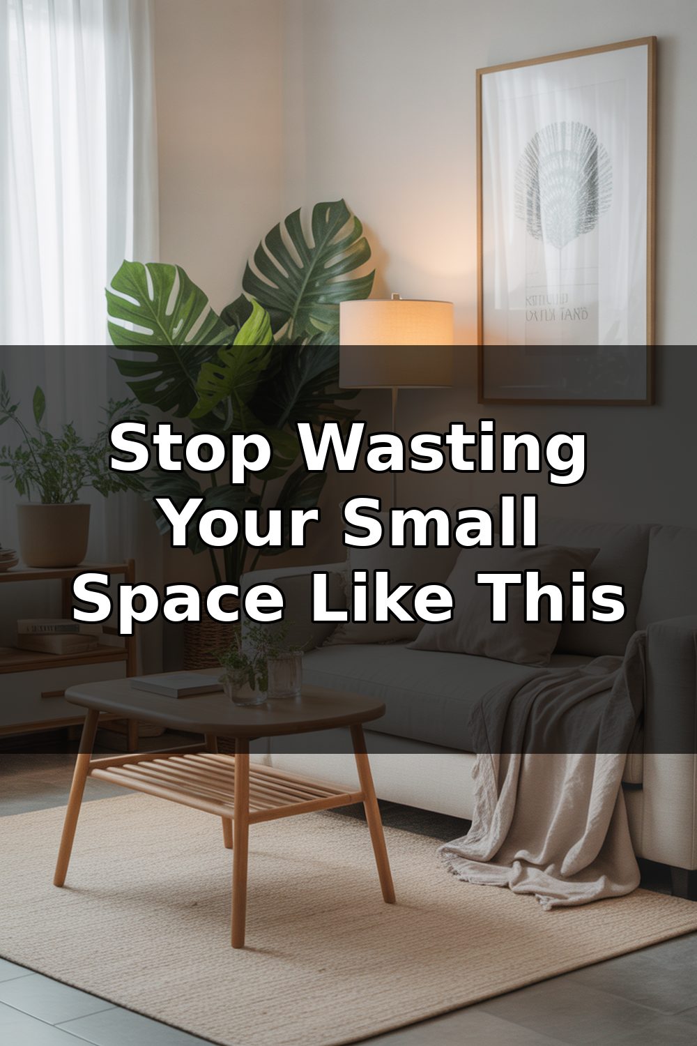 A compact studio apartment showing a sofa bed, storage ottoman, and wall-mounted desk in a minimalist bedroom-living room combo.