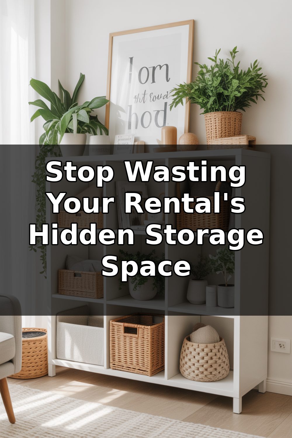 A small apartment bedroom with under-bed storage containers, over-door organizers, and adhesive shelving units maximizing hidden storage space in a rental.
