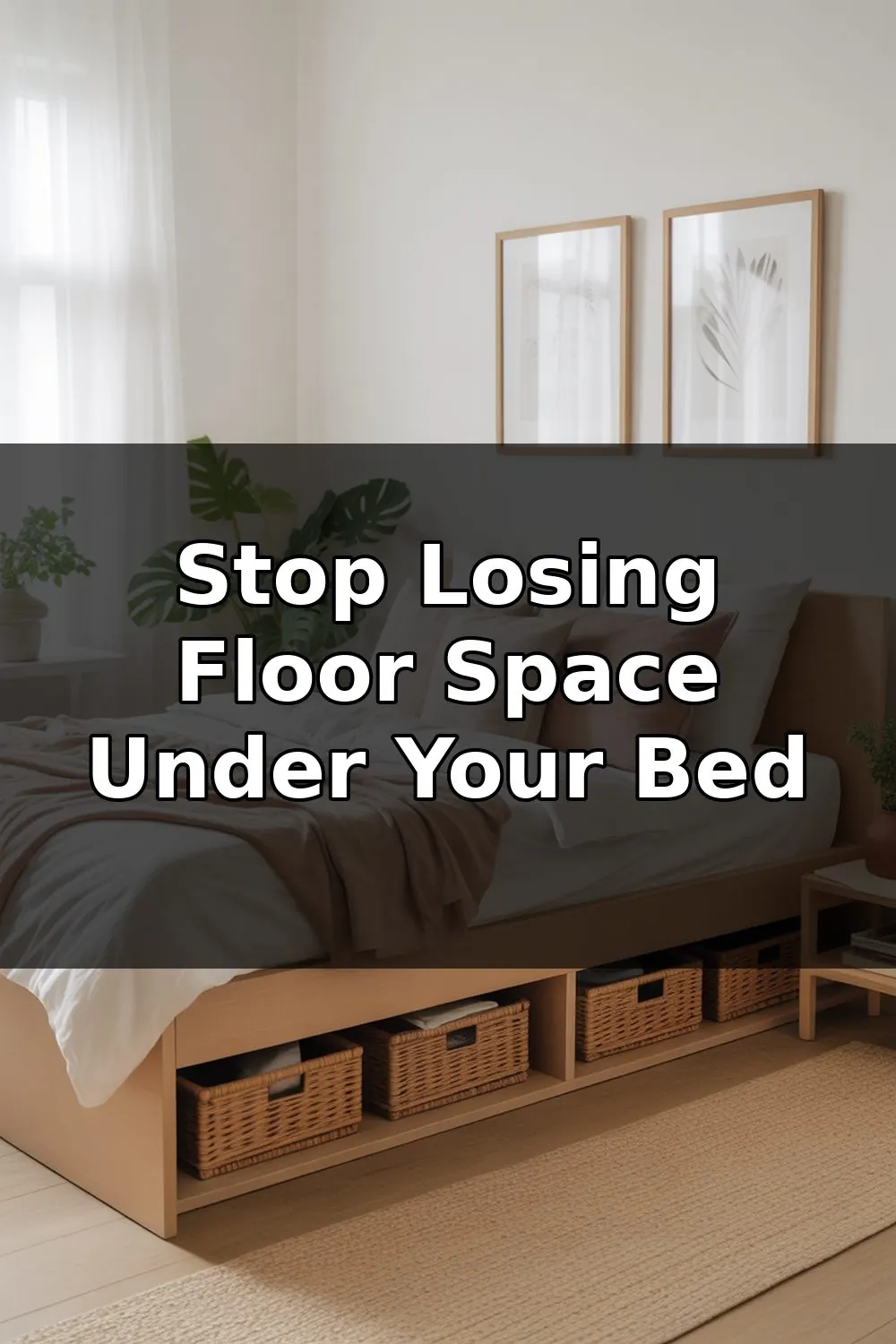 A small bedroom with a bed frame elevated on risers, showing organized storage containers and bins neatly arranged underneath.
