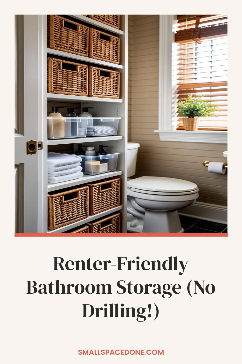 A compact bathroom with white subway tile walls, a pedestal sink, and space-saving storage baskets and shelves organized along the wall above the toilet.