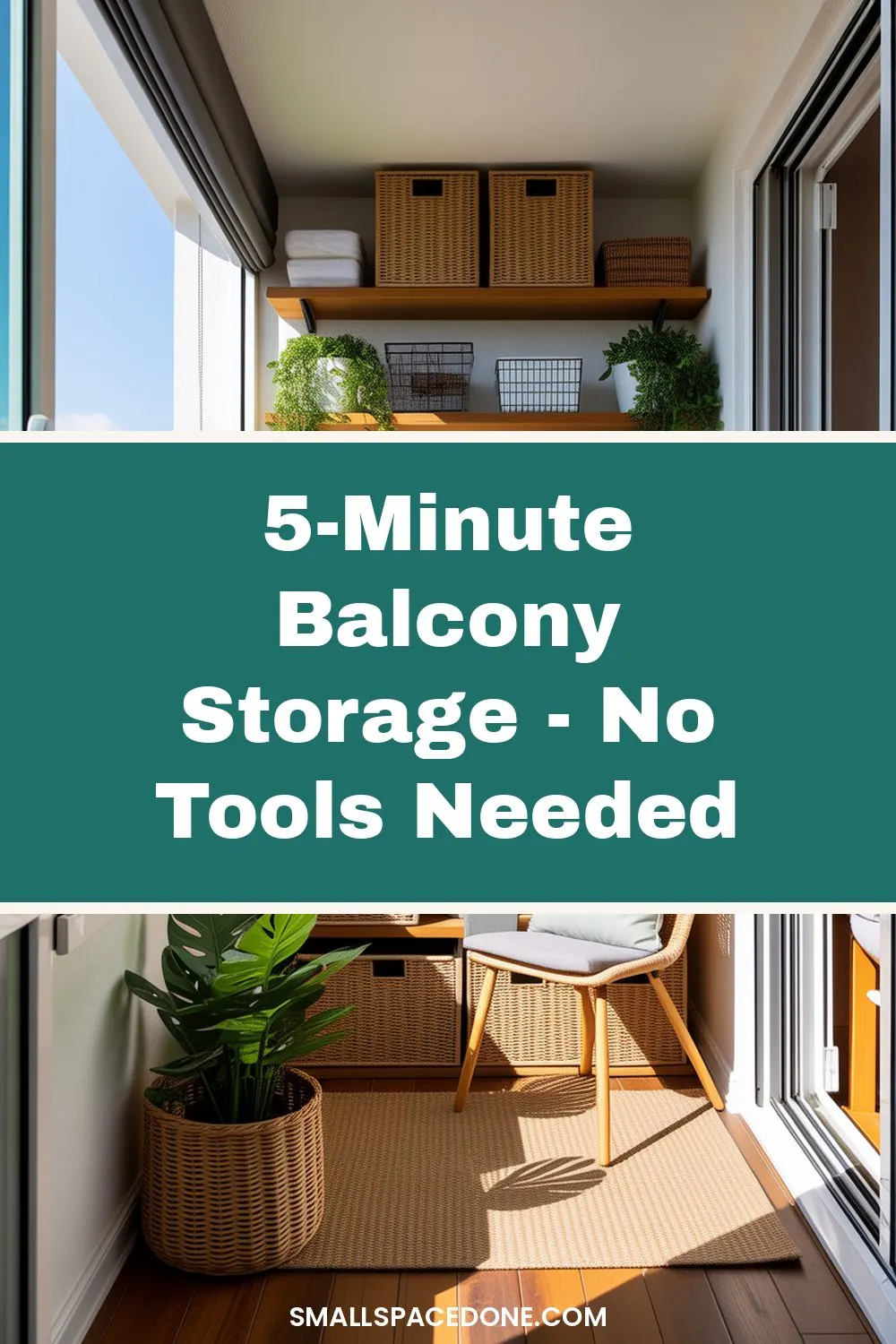 Small balcony with hanging organizers, compact storage containers, and potted plants arranged neatly against white railings and walls.