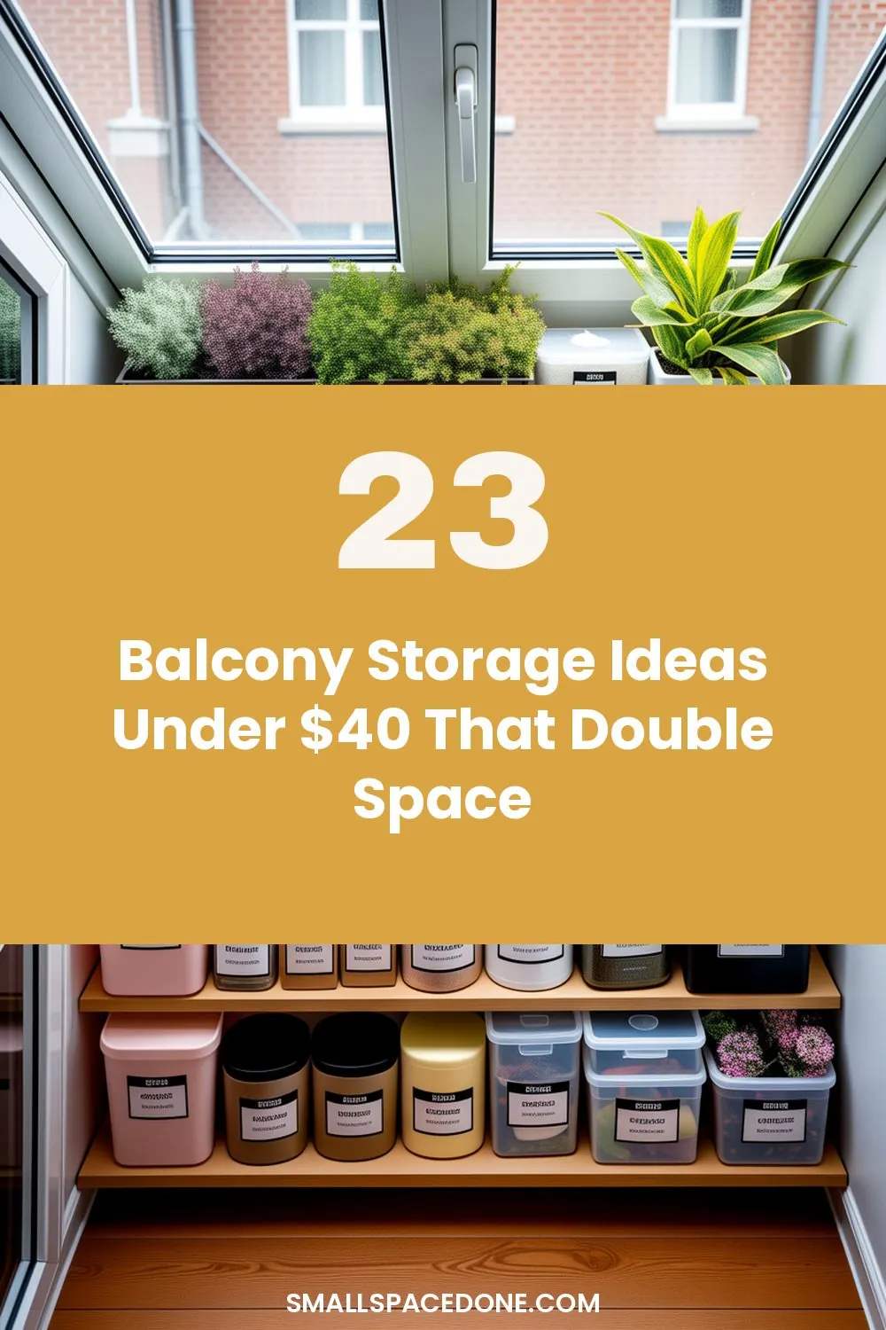 A small apartment balcony with vertical storage shelves, hanging organizers, and compact furniture arranged to maximize limited outdoor space.