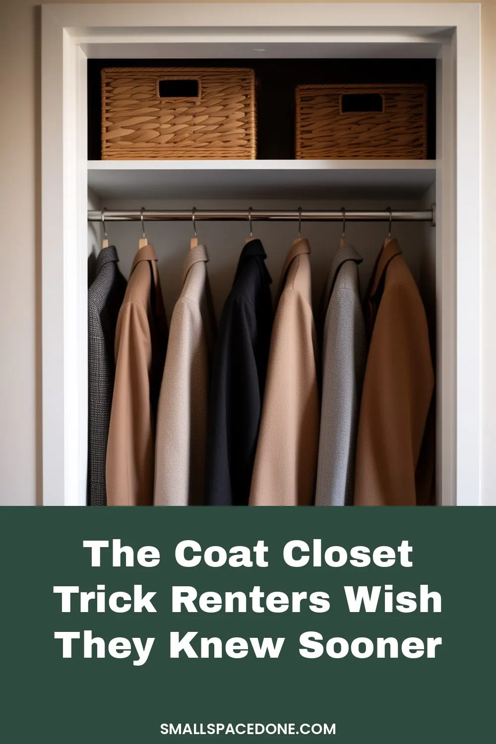 A narrow apartment coat closet with coats hanging on a slim rod, shelves above with folded items, and clear storage boxes on the floor against white walls.