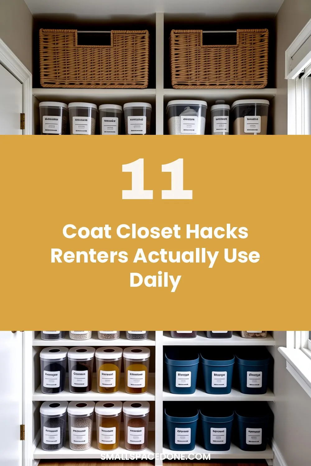 Small apartment entryway coat closet with organized coats, jackets, and accessories on a tension rod and shelving system.