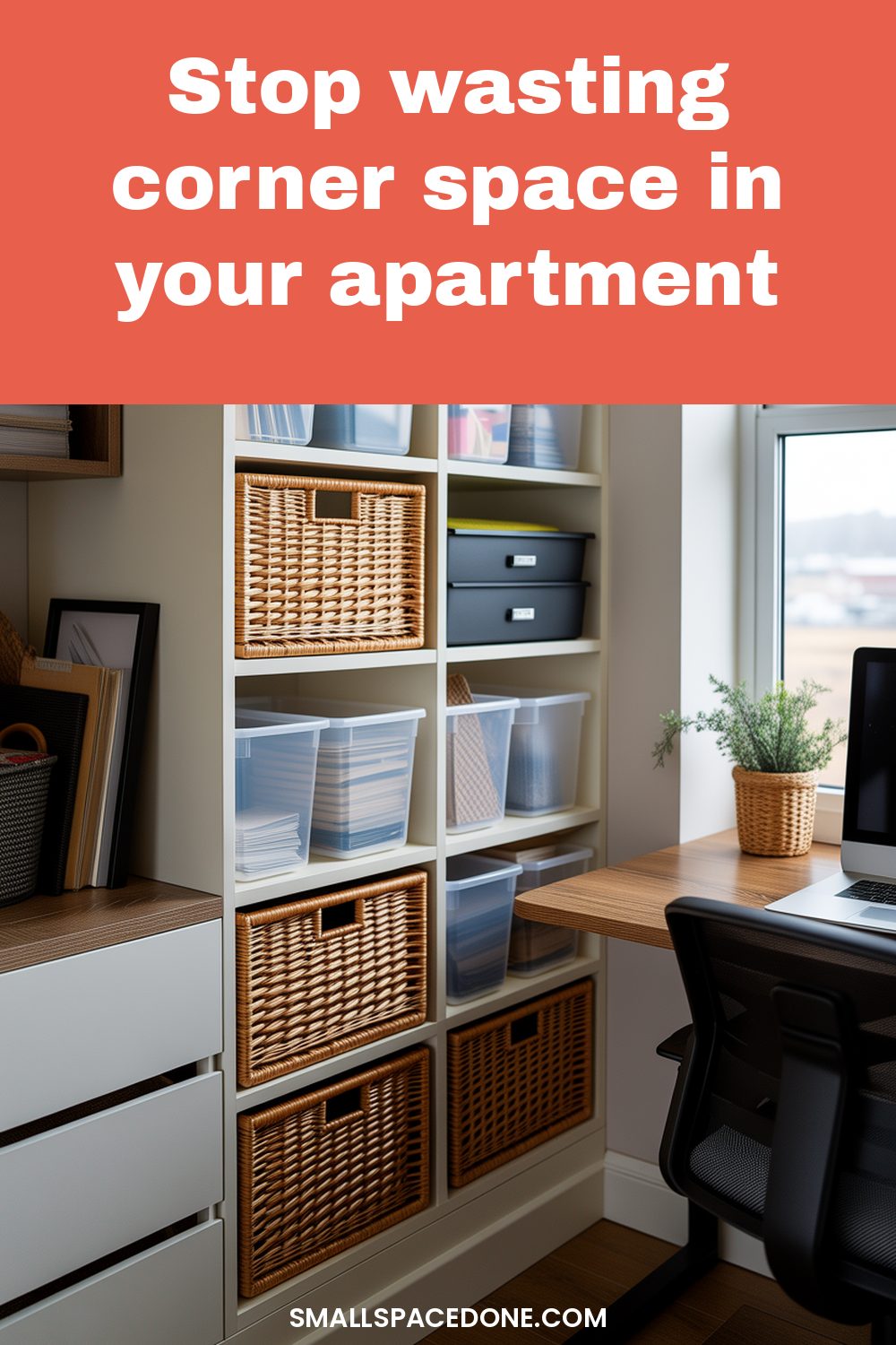 A compact apartment corner converted into a functional home office nook with a slim desk, wall shelving, and minimalist decor in neutral tones.