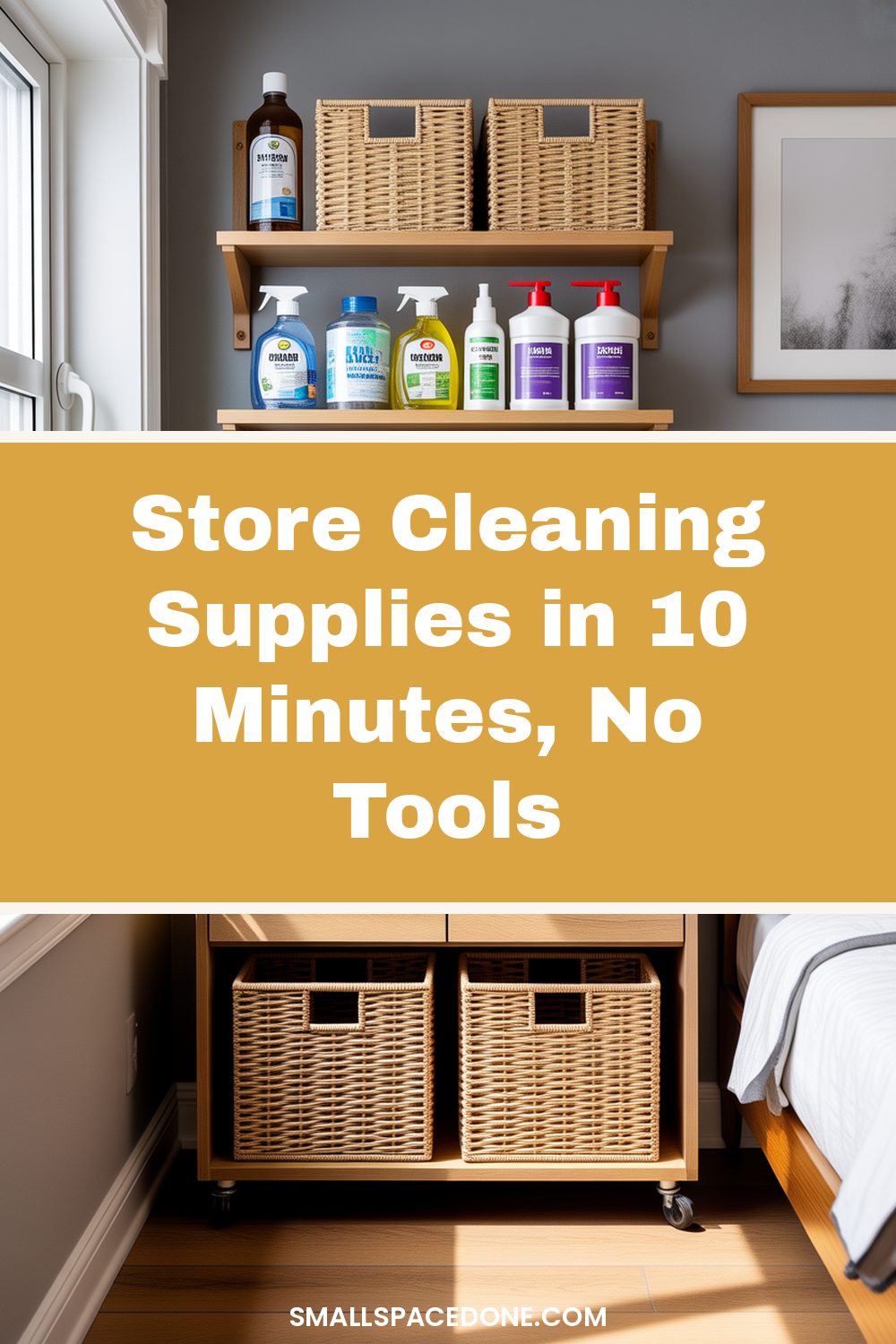 A compact bathroom cabinet and under-sink storage area organized with labeled containers, spray bottles, and cleaning brushes neatly arranged on shelves in a small apartment.