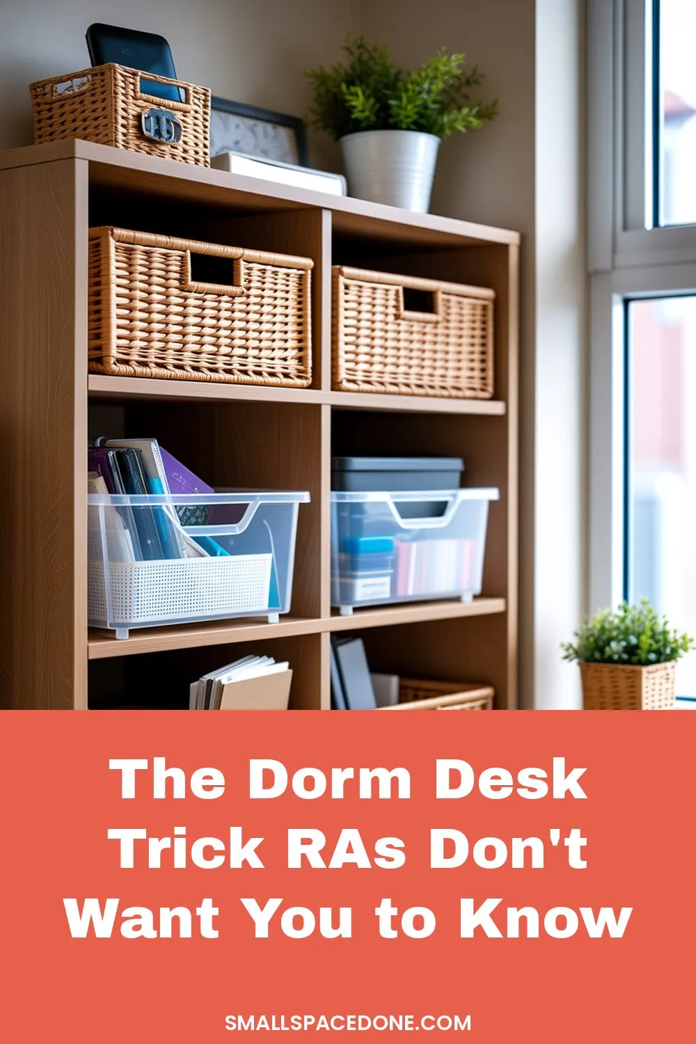 A compact dorm desk with organized storage solutions, including floating shelves, cable management, and desk organizers in a small dorm room corner.