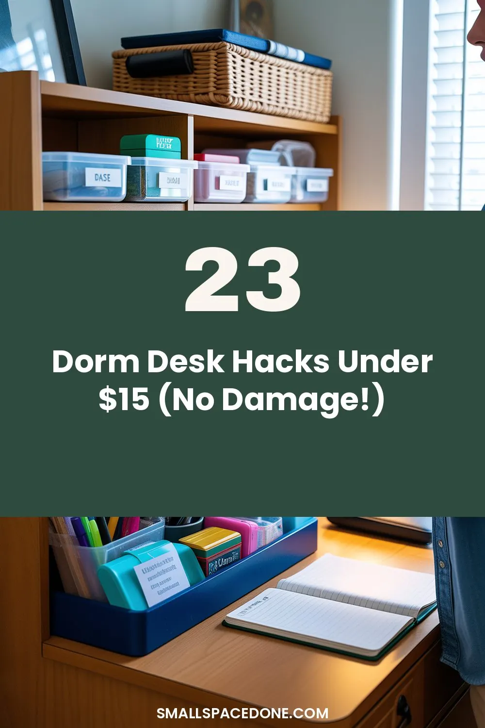 A compact dorm desk with drawer organizers, desktop shelves, and cable management solutions arranged on a small wooden desk against a white wall.