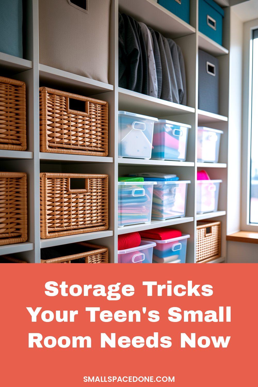 A compact teen bedroom with organized shelving, under-bed storage, and wall-mounted organizers in a minimalist small space interior.