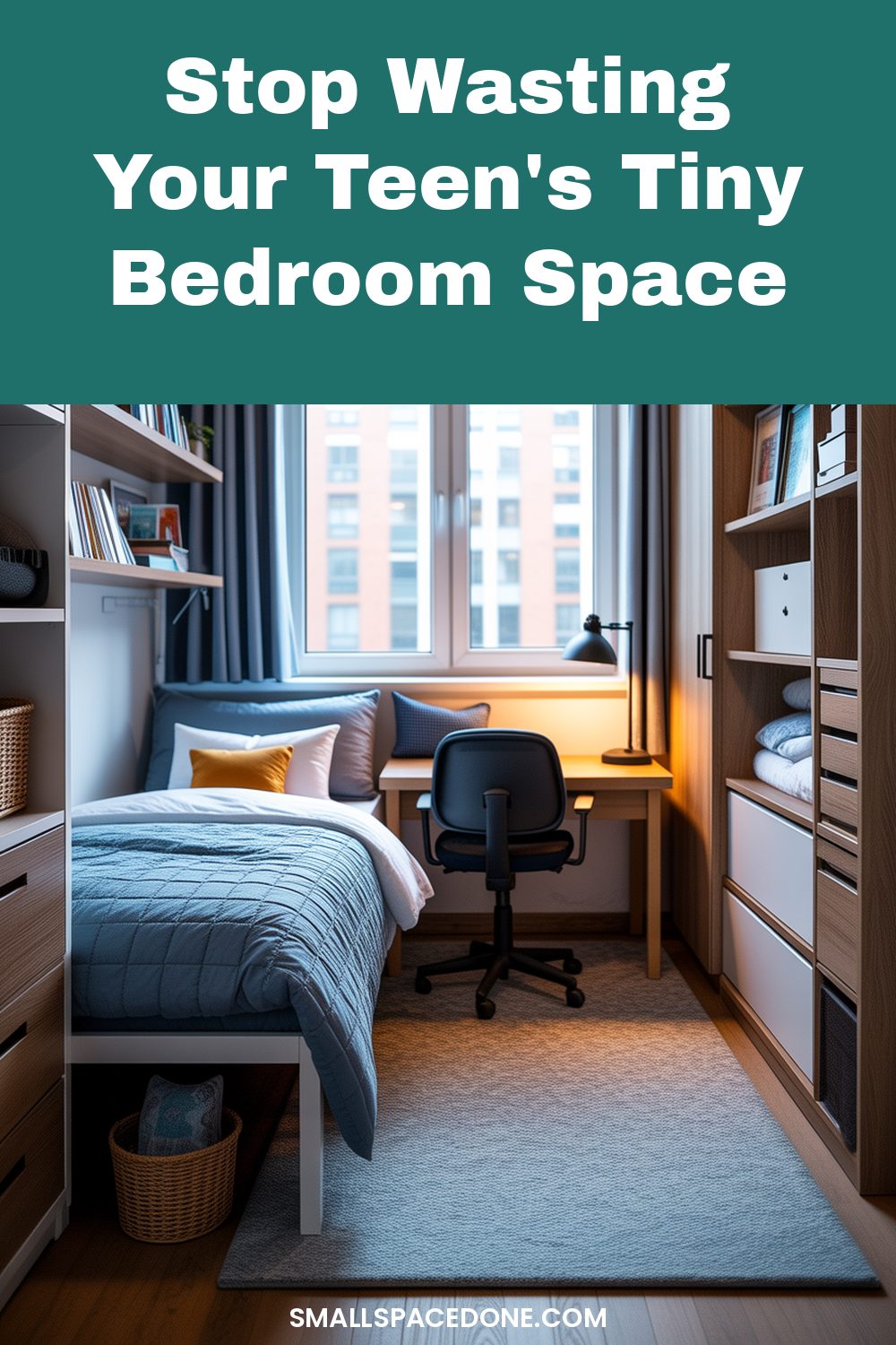A compact teen bedroom with a bed, desk, and wall-mounted shelving demonstrating efficient small bedroom organization ideas.