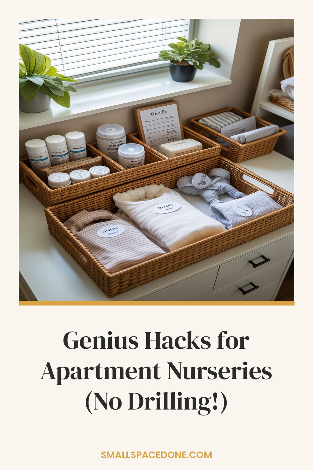 Compact apartment nursery with organized shelving, fabric storage bins, and a crib in a light-filled corner space.