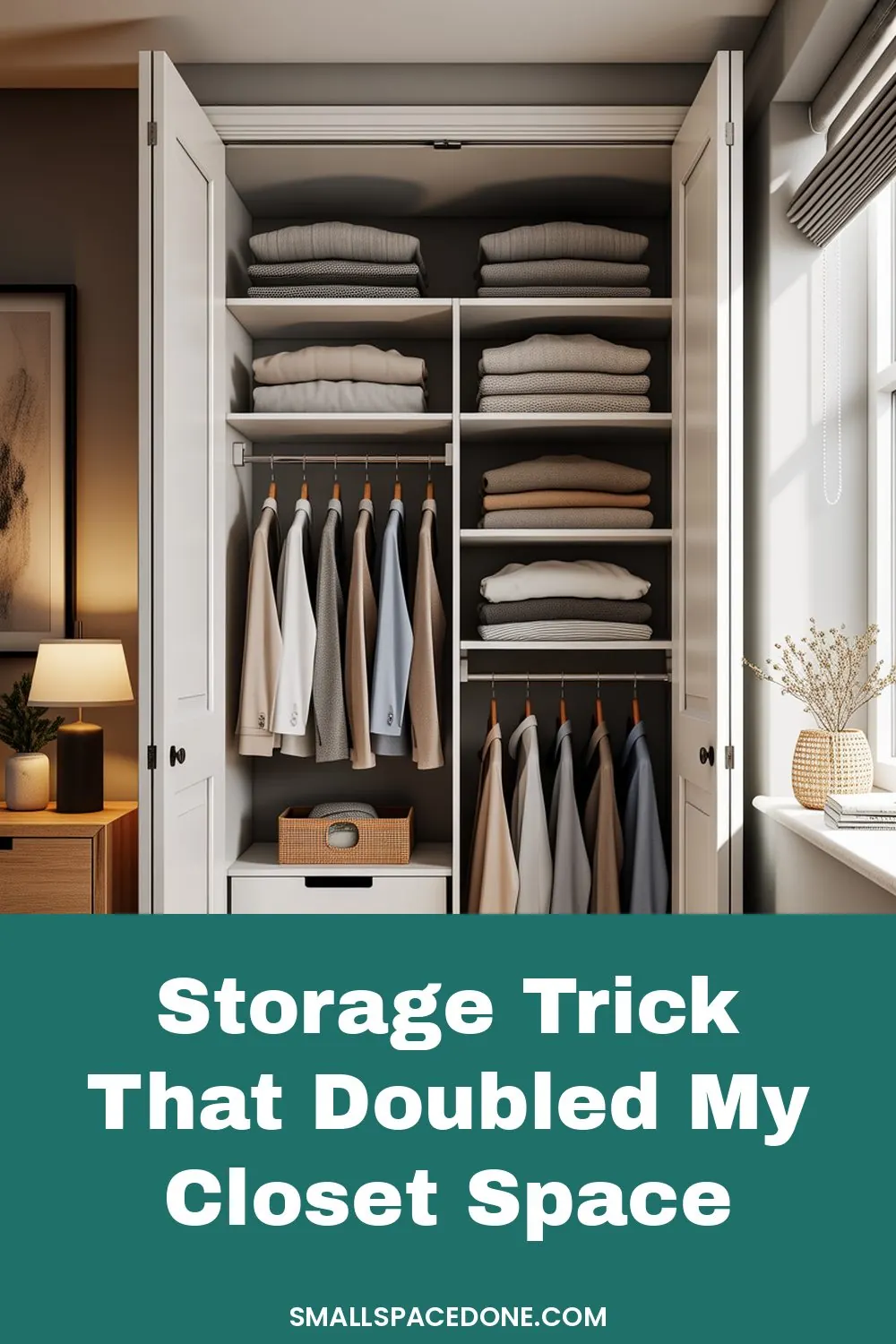 Small closet interior with neatly organized shelves, hanging rods, and clear storage containers holding folded seasonal clothing and accessories.
