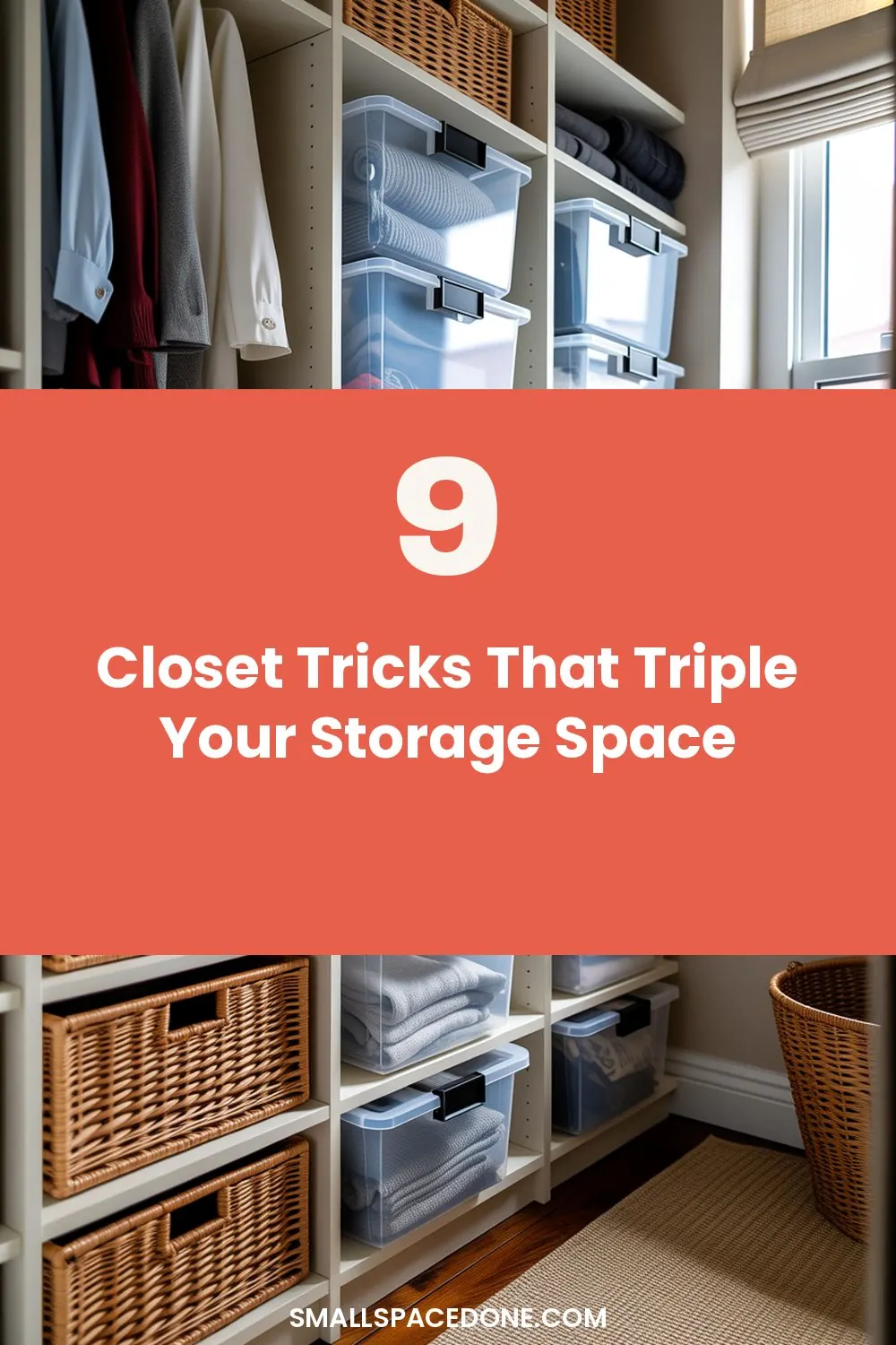 Small closet interior with neatly organized hanging clothes, storage boxes stacked on shelves, and vacuum-sealed bags on the floor against white walls.
