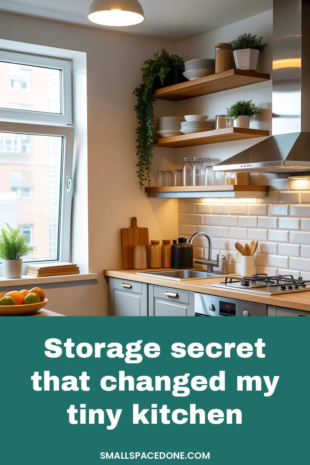 Compact kitchen with white open shelving displaying organized plates, bowls, and kitchen items in a minimalist arrangement.