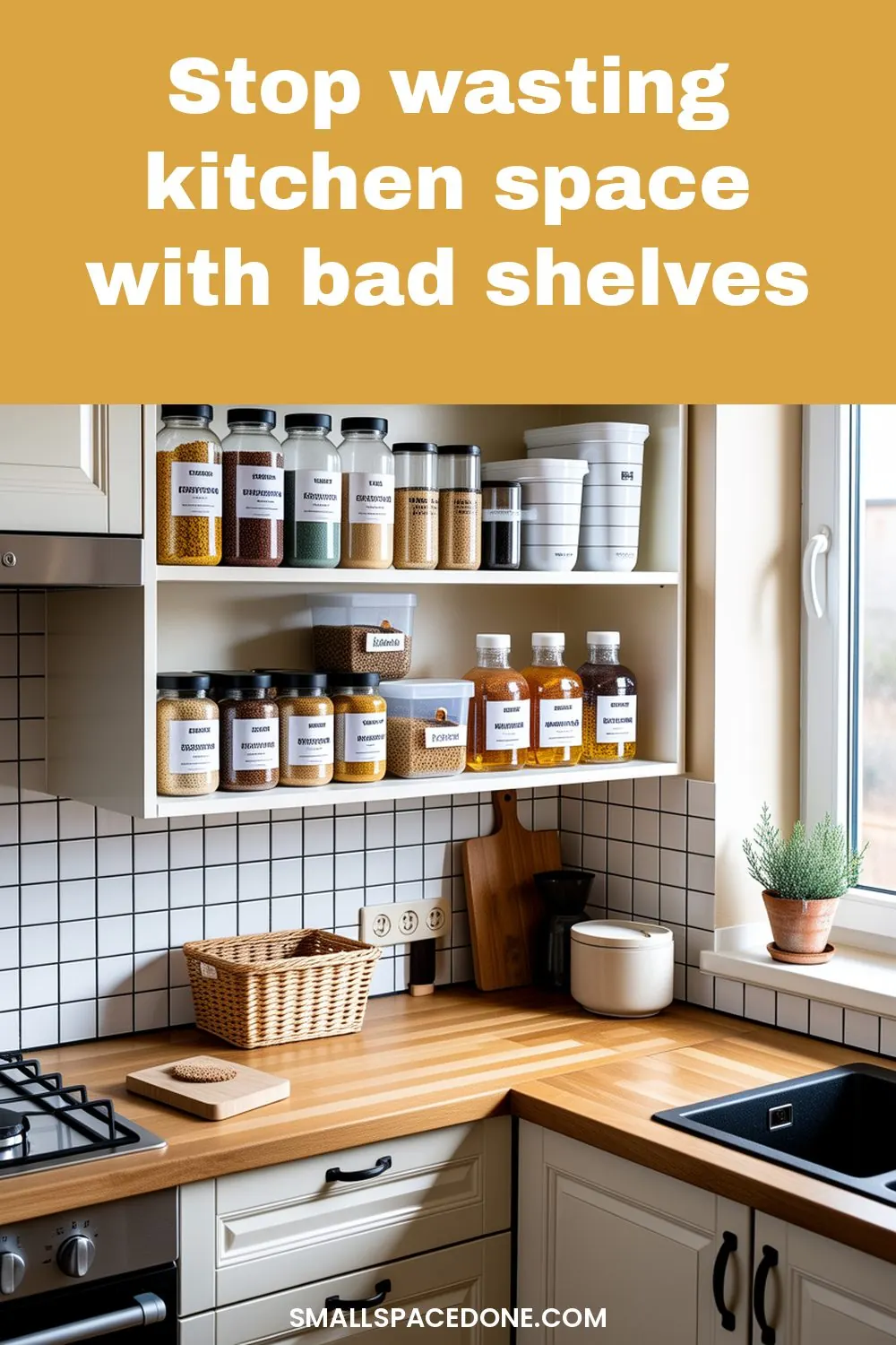 Bright small kitchen with open wooden shelves displaying organized white dishes, glass jars, and cookbooks neatly arranged against white subway tile backsplash.