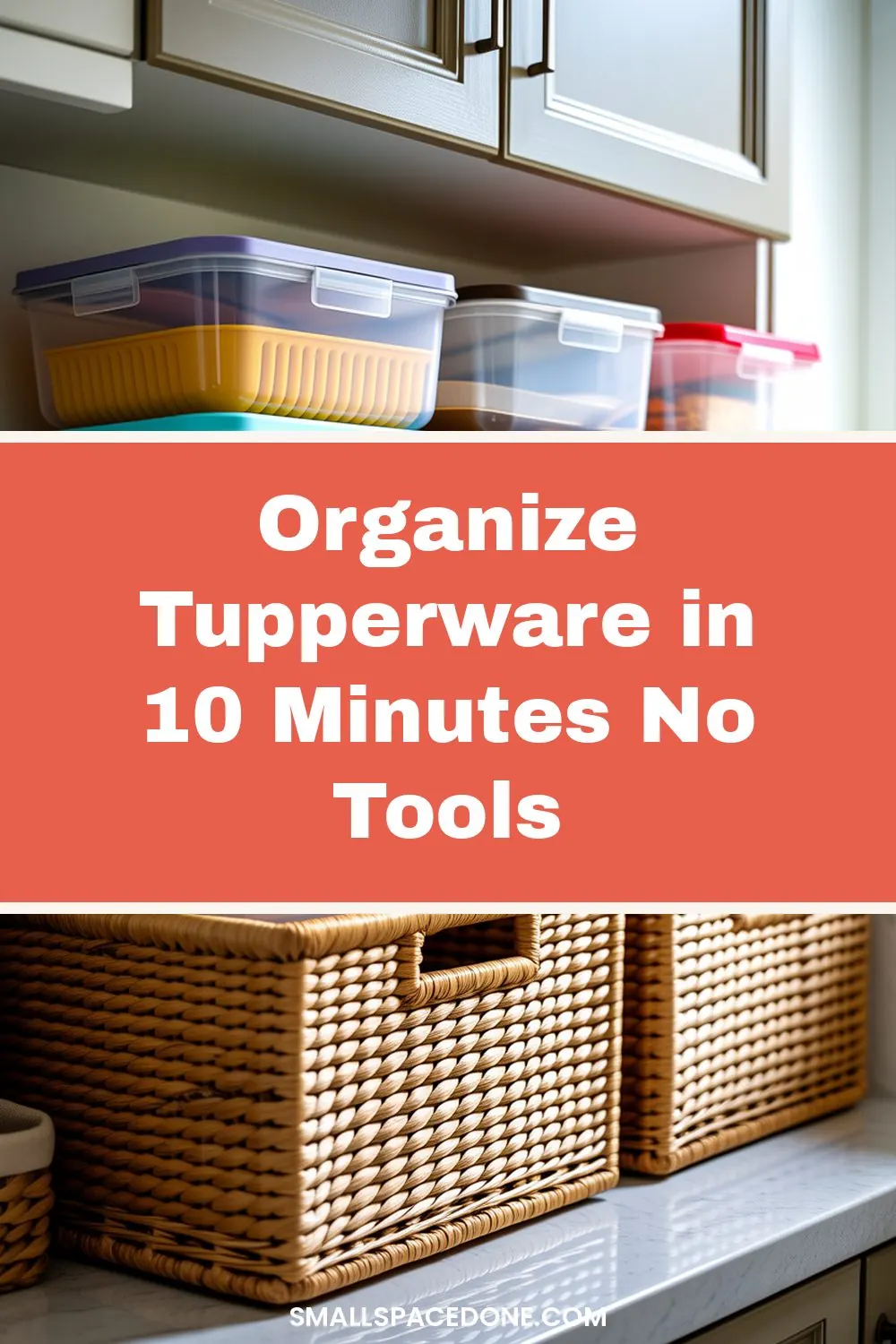 Kitchen cabinet interior showing stacked plastic food storage containers and tupperware organized neatly on white shelving in a small apartment kitchen.