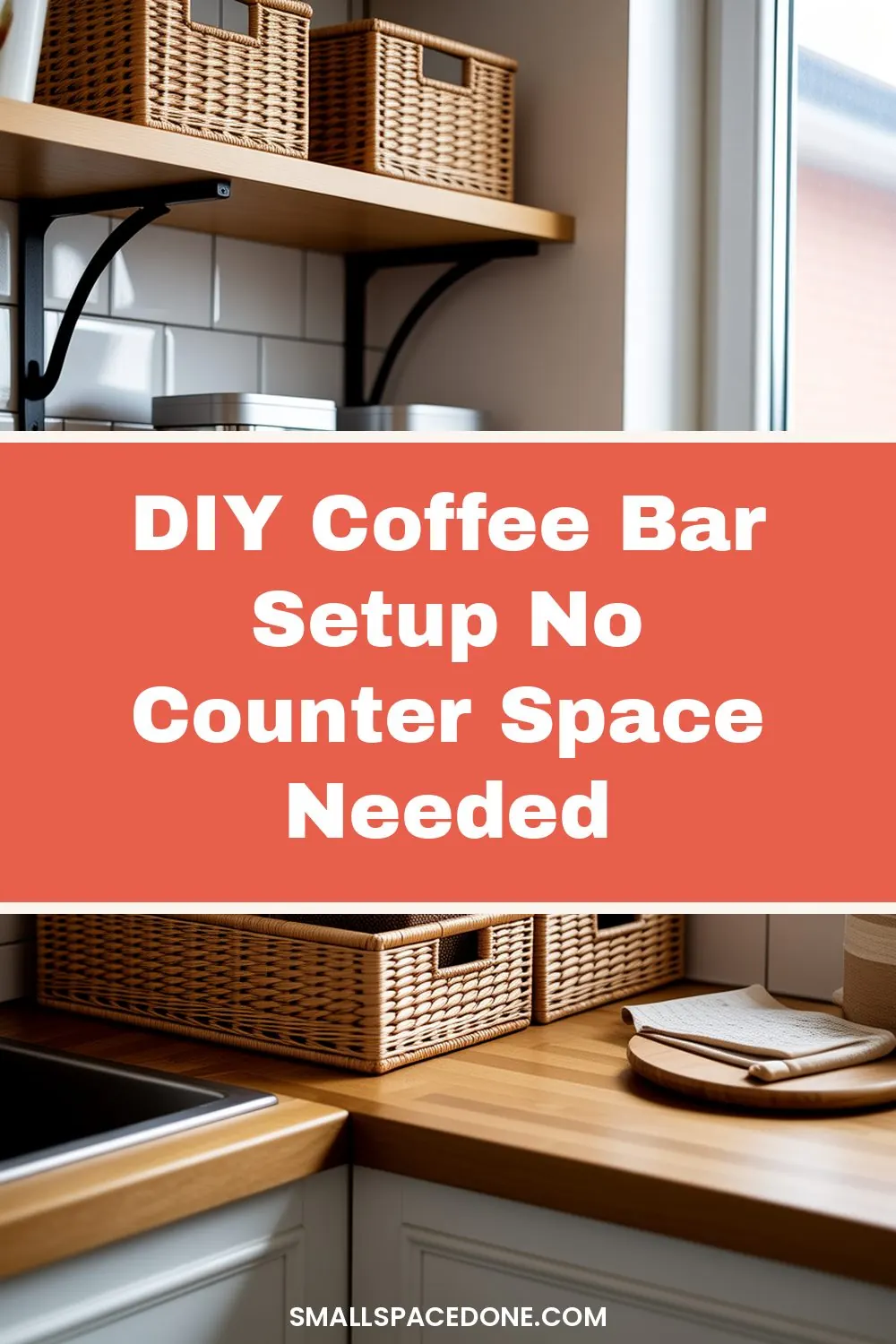 Compact coffee station on a small kitchen counter featuring a vertical organizer with mugs, a French press, coffee bags, and a small wooden shelf against a white subway tile backsp