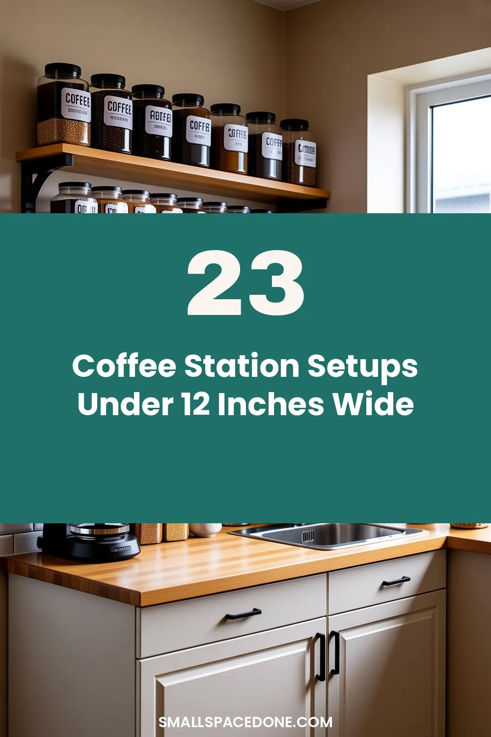 A compact coffee station setup on a narrow kitchen counter with a coffee maker, mugs, and supplies organized in a small vertical space.