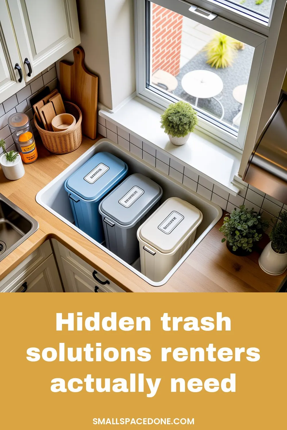 Compact kitchen corner showing a narrow pull-out trash organizer tucked between cabinet and wall in a small rental apartment kitchen.