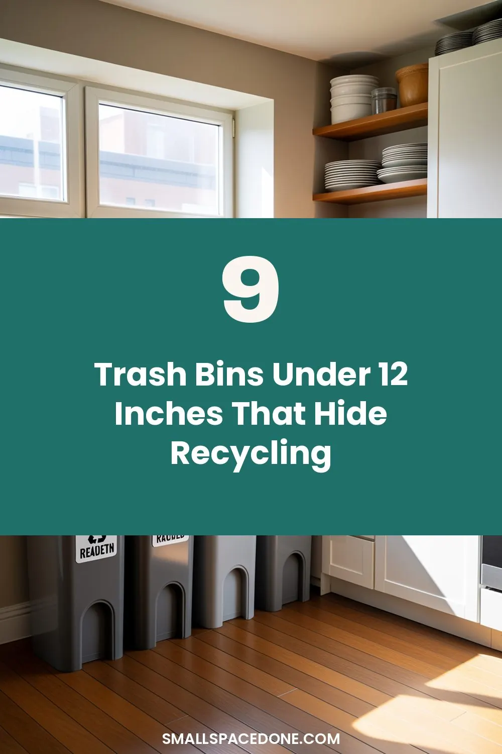 A narrow rental kitchen with white cabinetry showing a slim trash bin tucked under the sink next to recycling containers in a compact space.