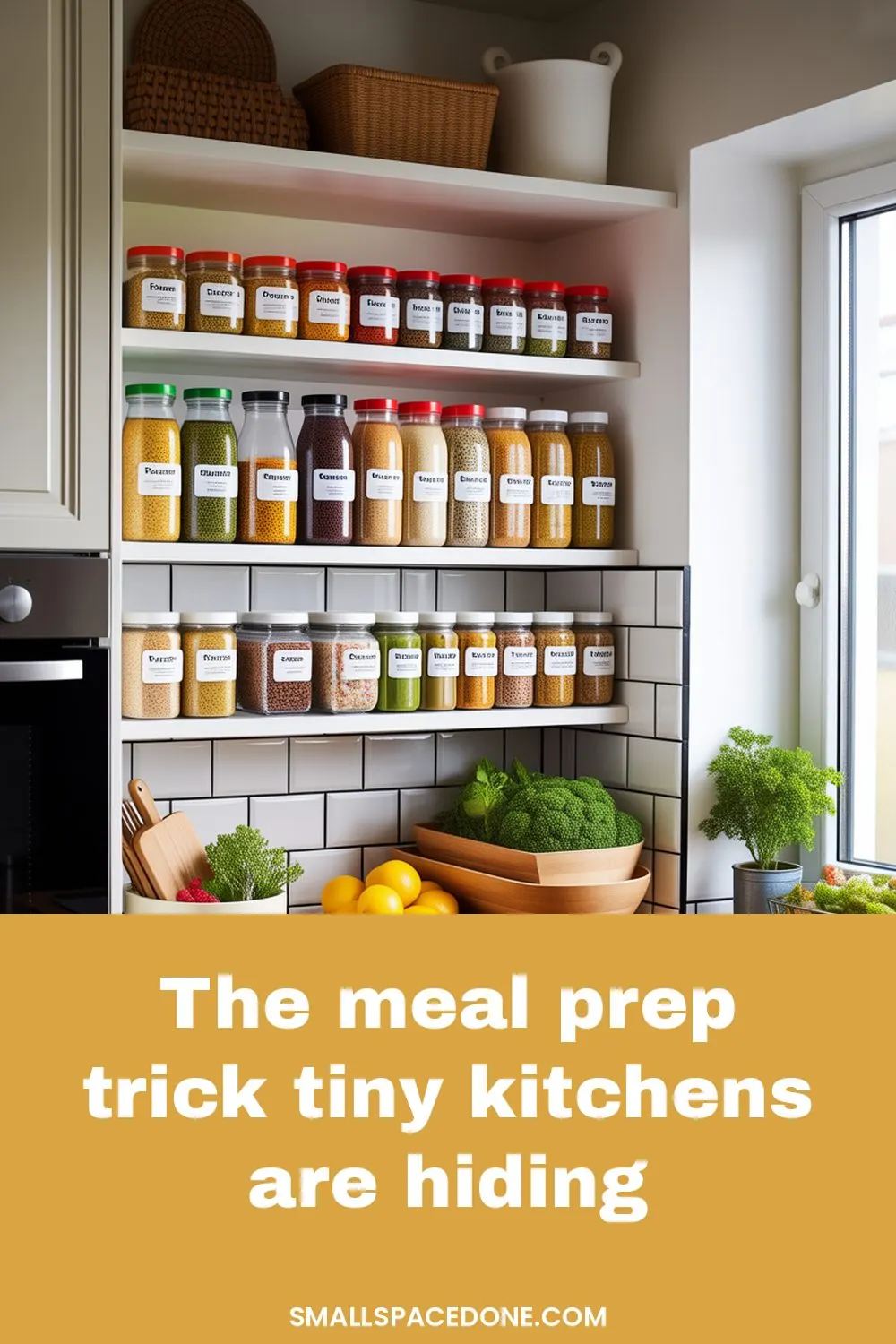 Organized small kitchen with clear storage containers, labeled jars, and meal prep ingredients neatly arranged on compact shelving and counter space.