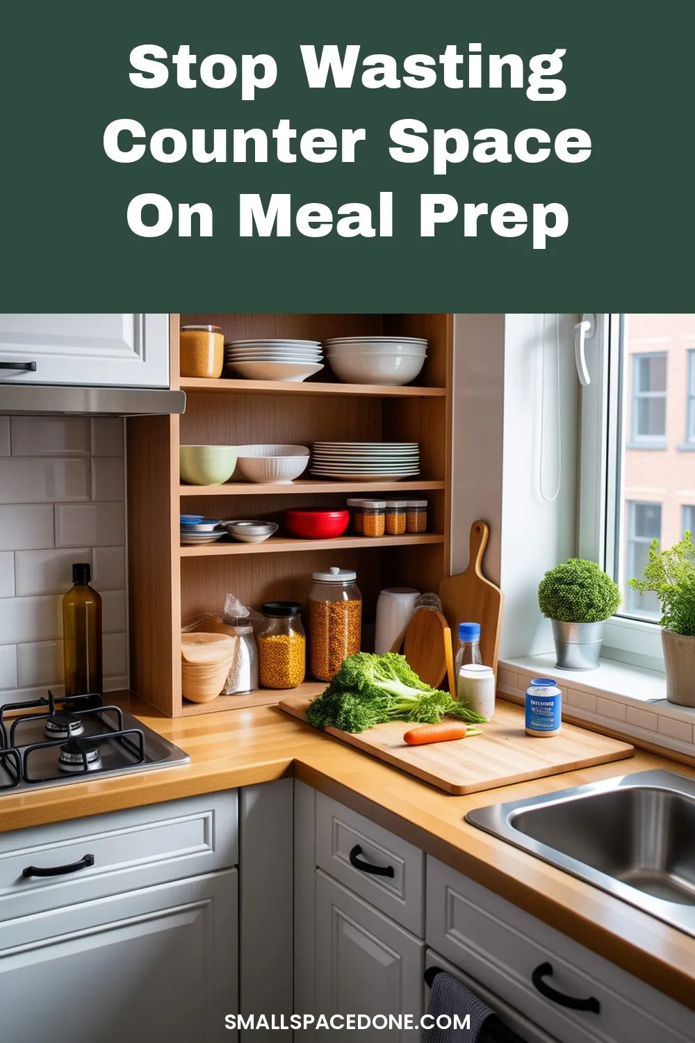 Compact kitchen counter with organized meal prep containers, labeled storage bins, and a minimalist setup demonstrating efficient small-space meal preparation.