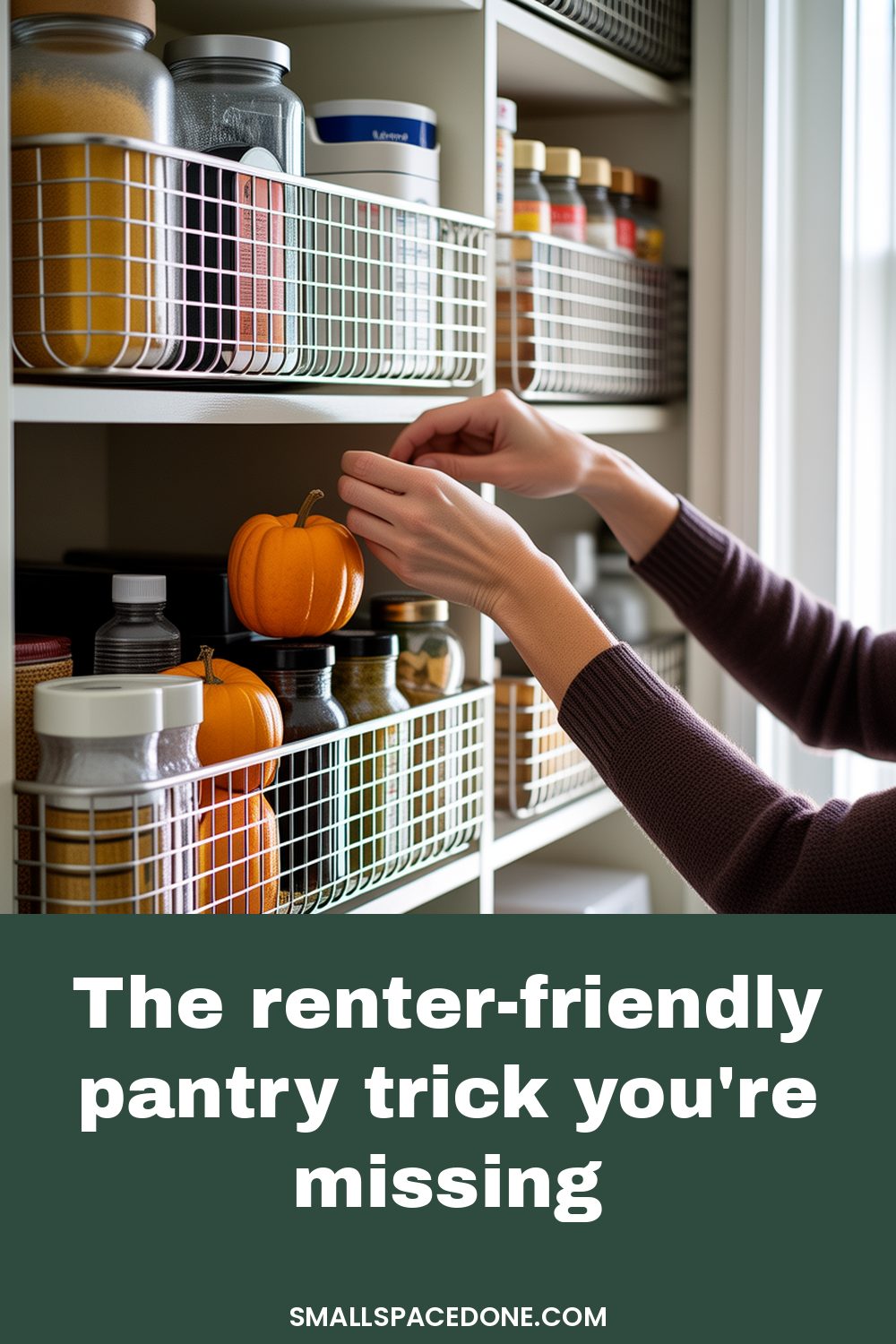 Organized pantry shelves in a rental apartment with stackable bins, baskets, and labeled containers holding fall groceries and dry goods.