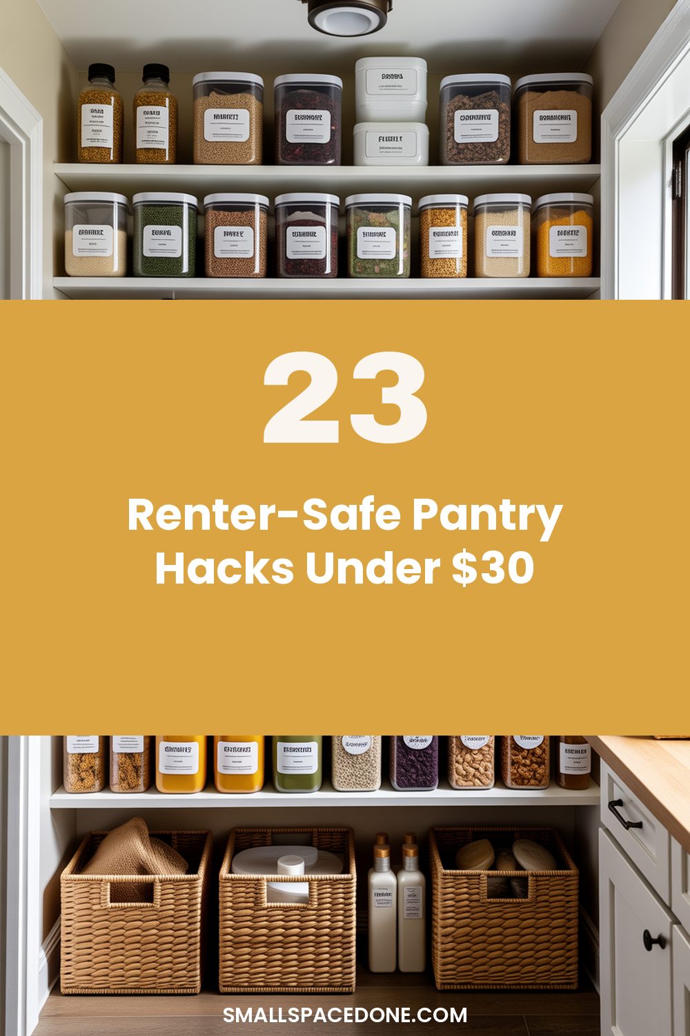 A small apartment pantry with wire shelving, labeled storage containers, and fall grocery items neatly arranged on white shelves.