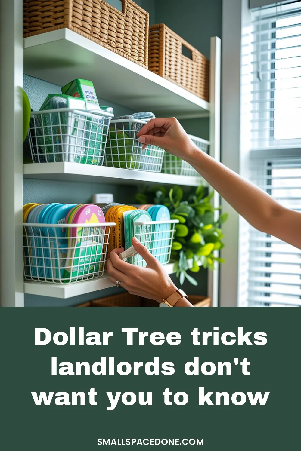 A small rental bedroom corner with white shelving units, woven baskets, and labeled storage containers from a dollar store, demonstrating budget-friendly organization solutions.