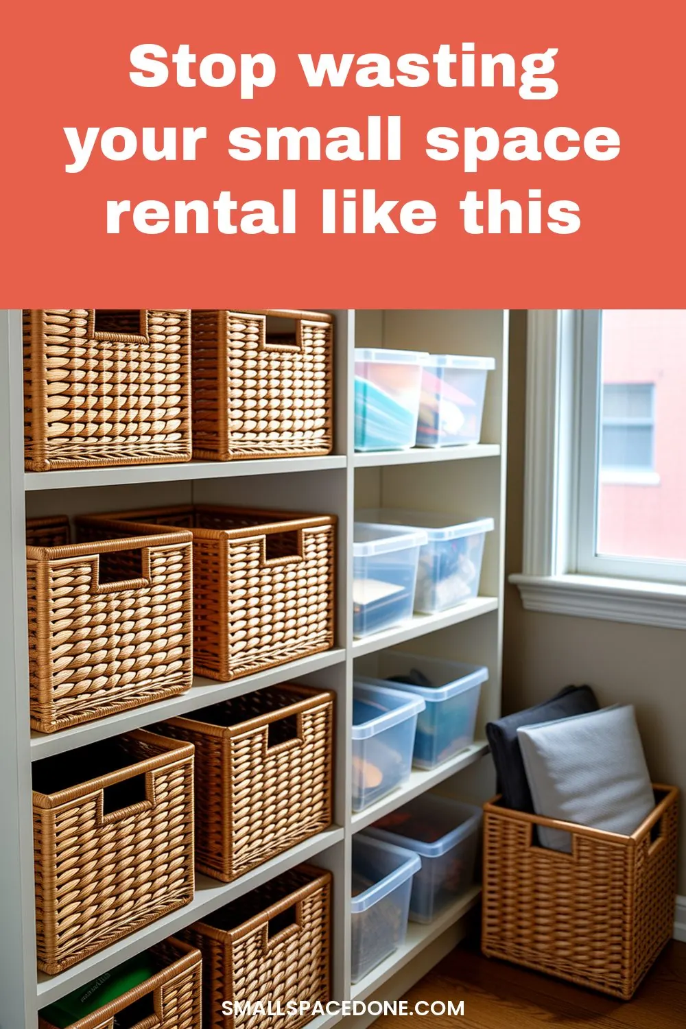 Small apartment bedroom with cluttered nightstand, scattered items on floor, and disorganized closet showing inefficient use of limited rental space.