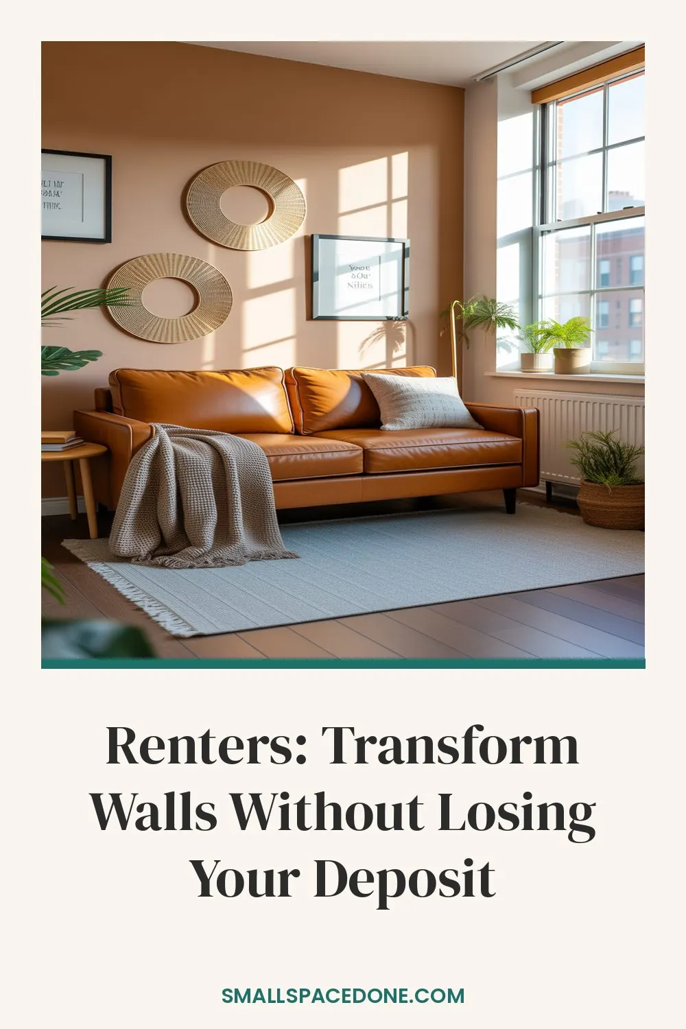 A bright, minimal apartment bedroom featuring adhesive wall decals, floating shelves, and fabric wall hangings arranged on a white wall above a bed with neutral bedding.