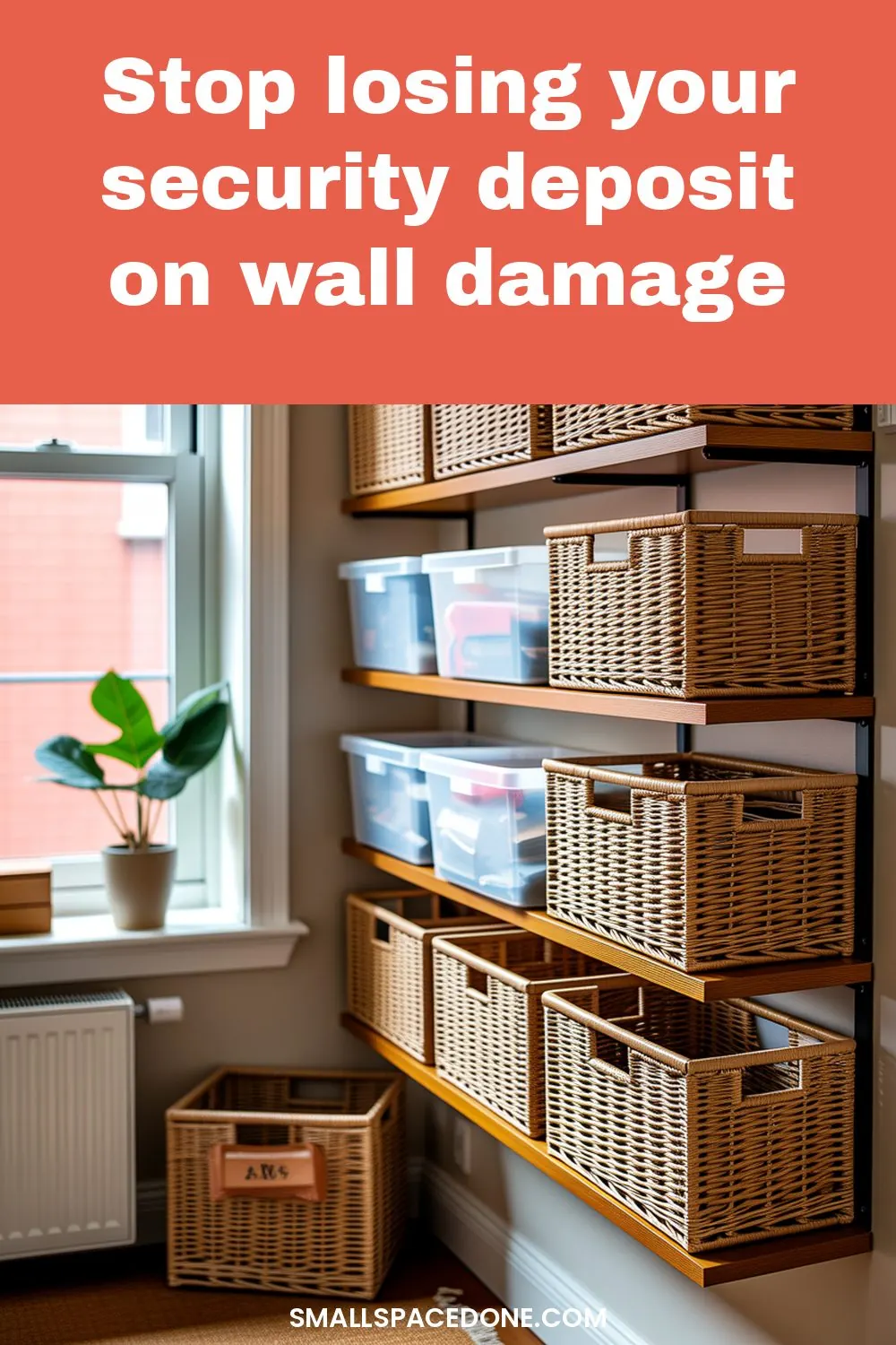 Apartment bedroom with adhesive wall decor, floating shelves, and tapestry creating a decorated look without nail holes or wall damage.