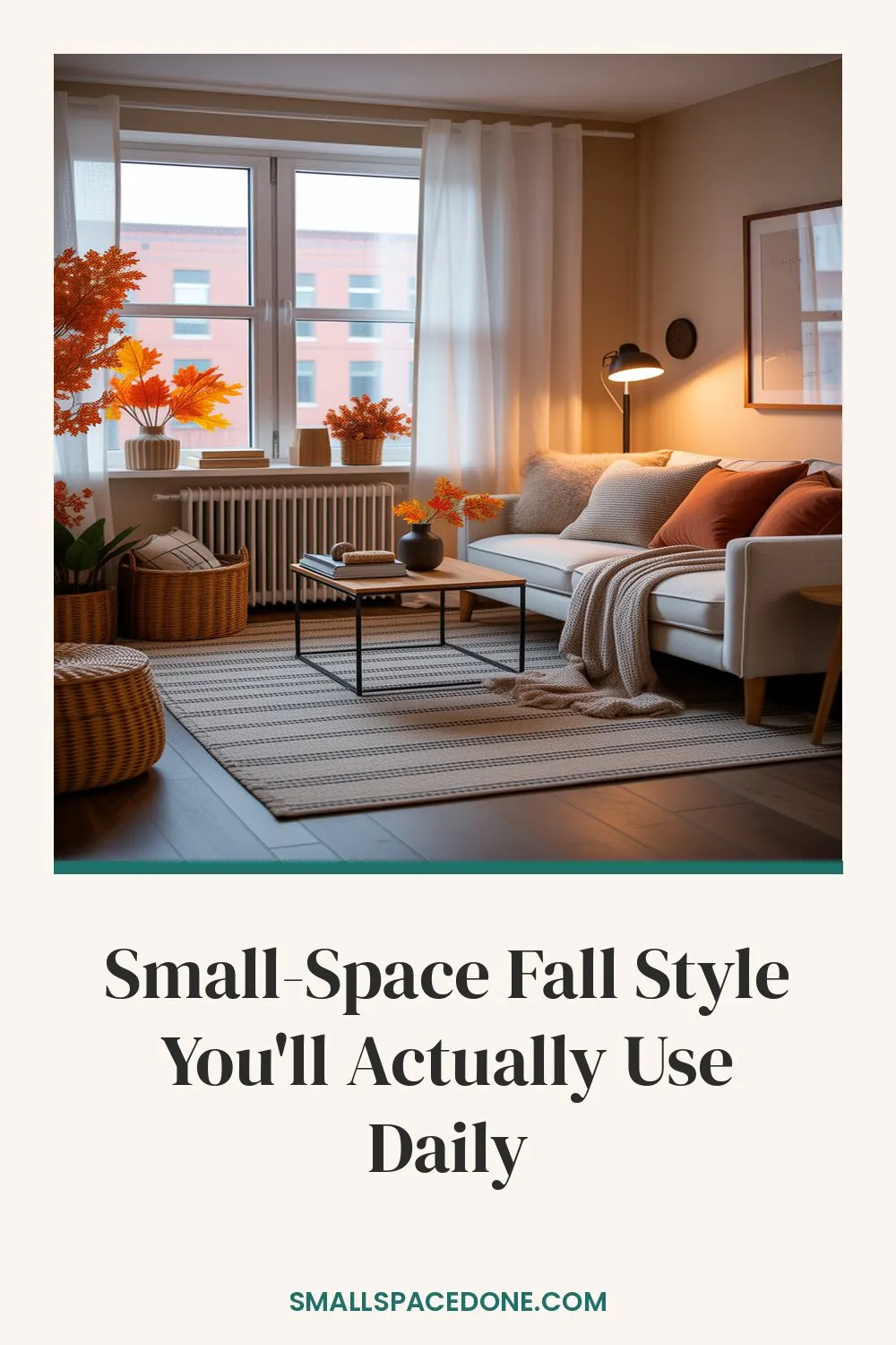 A small apartment living room with warm fall decor including a cream throw blanket, burnt orange accent pillows, and autumn foliage in a glass vase on a side table.
